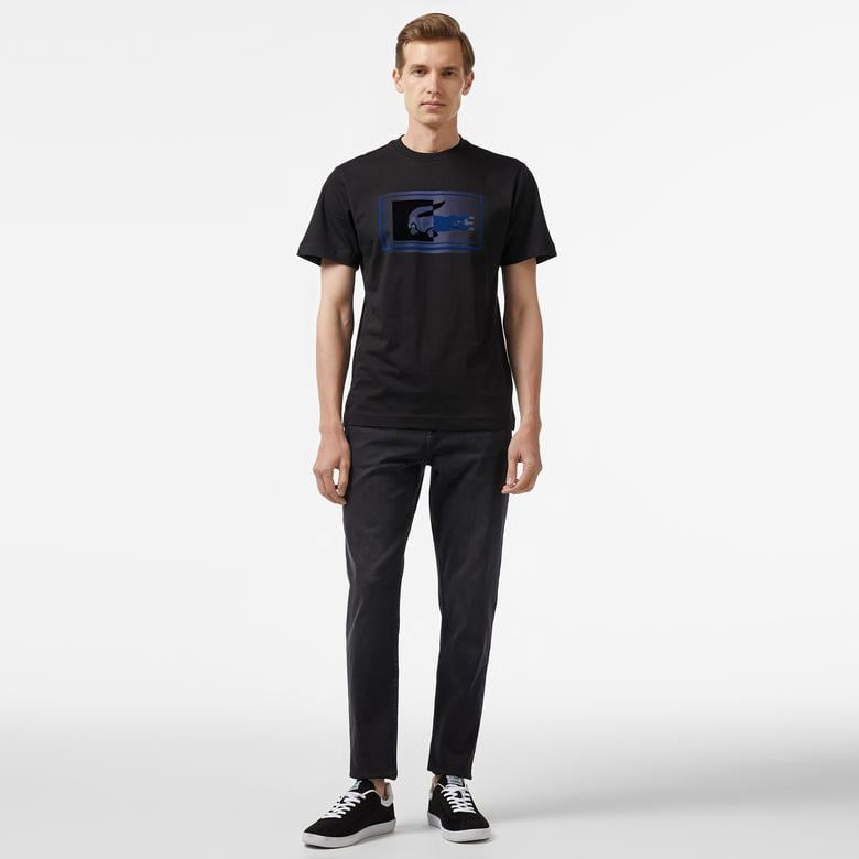 Erkek Regular Fit Bisiklet Yaka Baskılı Siyah T-Shirt