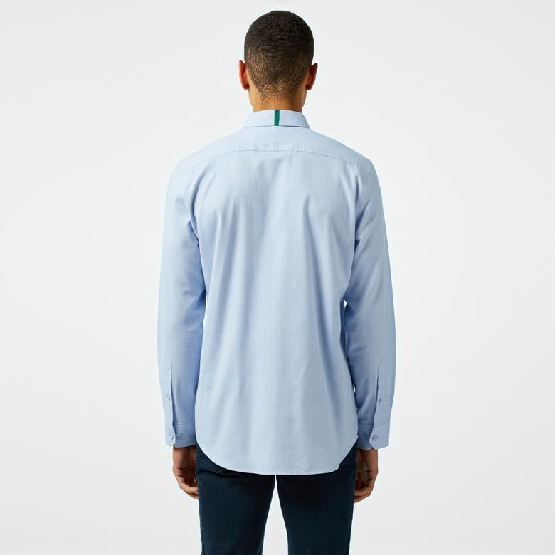 Erkek Slim Fit Düğmeli Yaka Mavi Gömlek