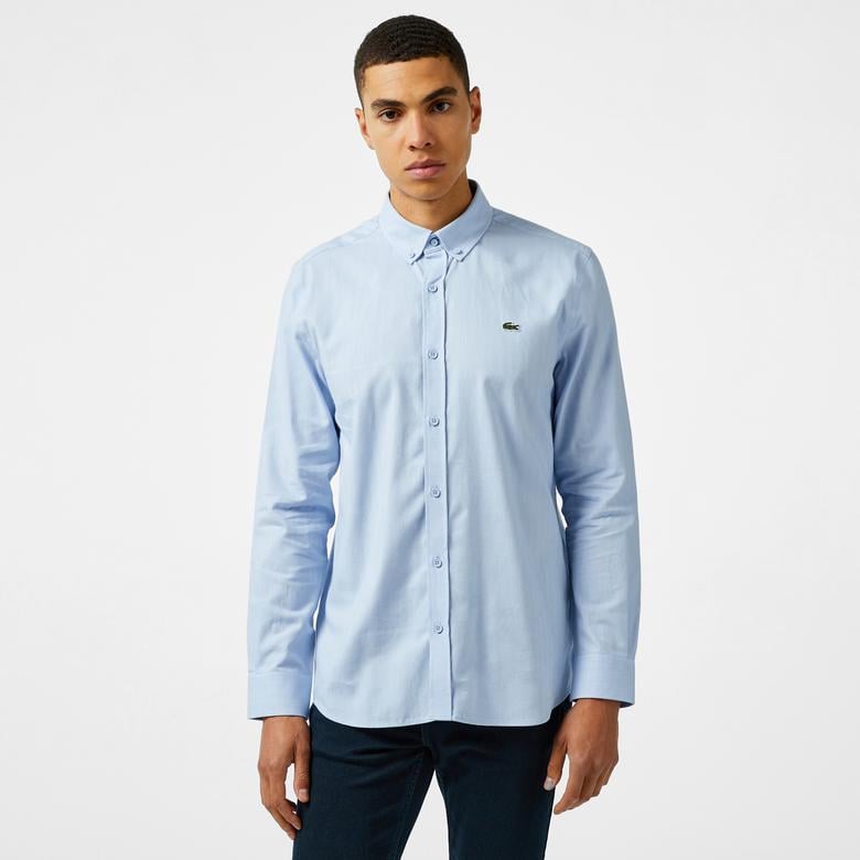 Erkek Slim Fit Düğmeli Yaka Mavi Gömlek