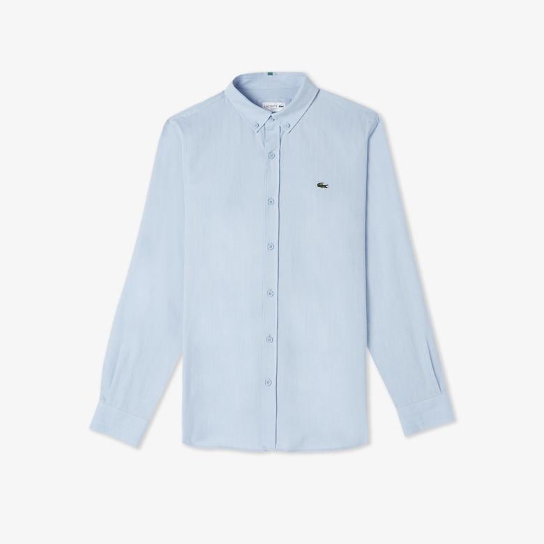 Erkek Slim Fit Düğmeli Yaka Mavi Gömlek