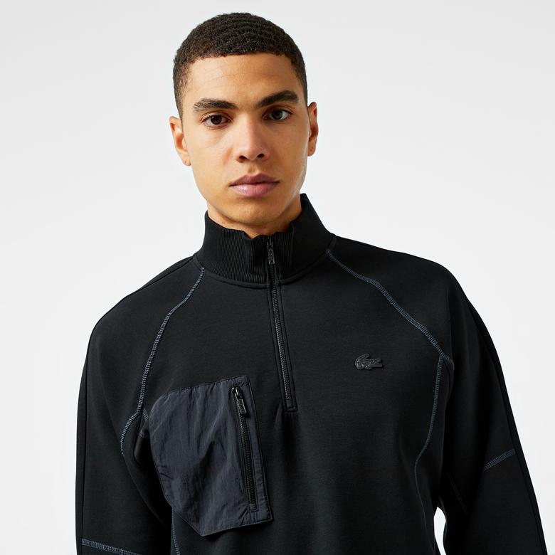 Erkek Relaxed Fit Yarım Fermuarlı Siyah Sweatshirt