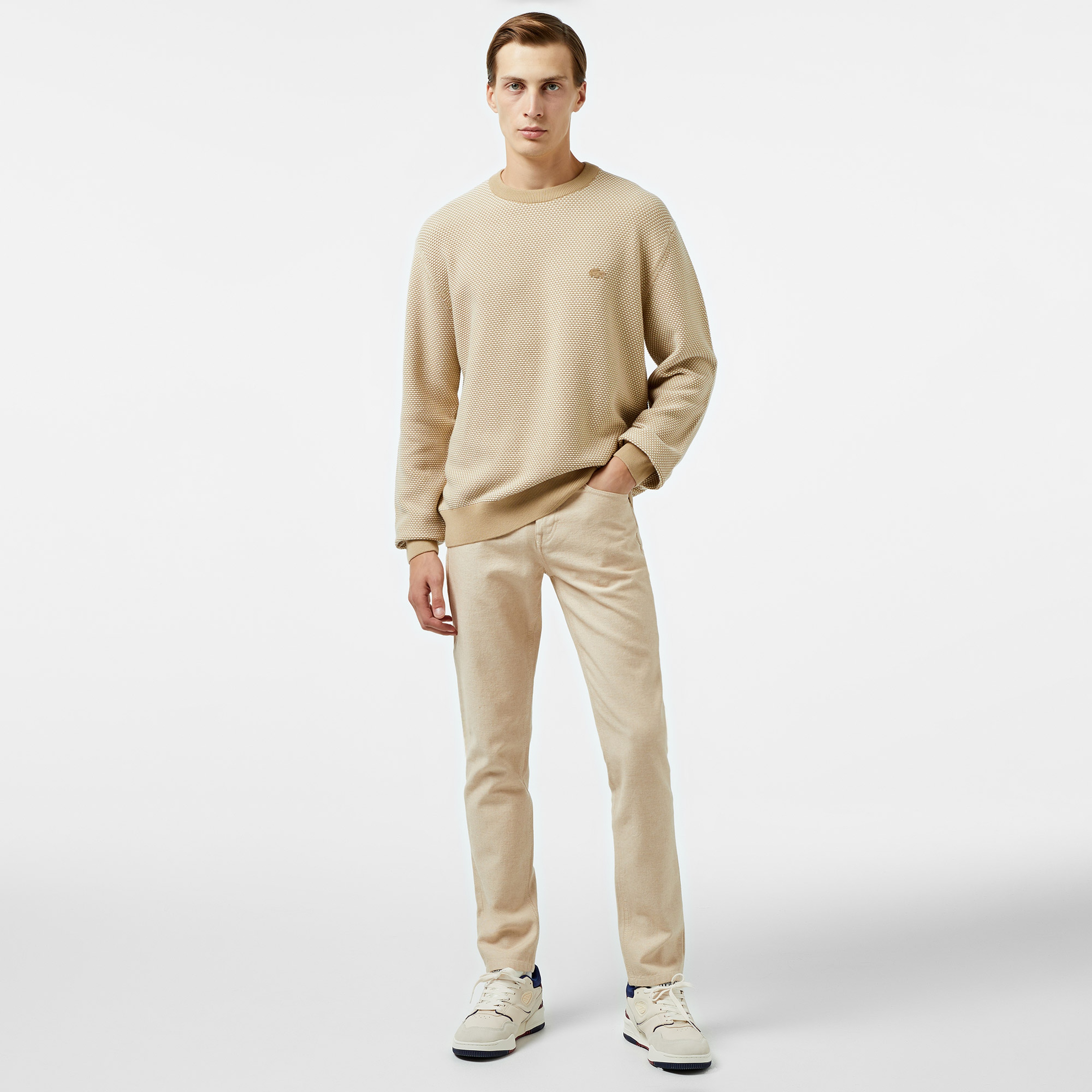 Erkek Relaxed Fit Bisiklet Yaka Bej Triko