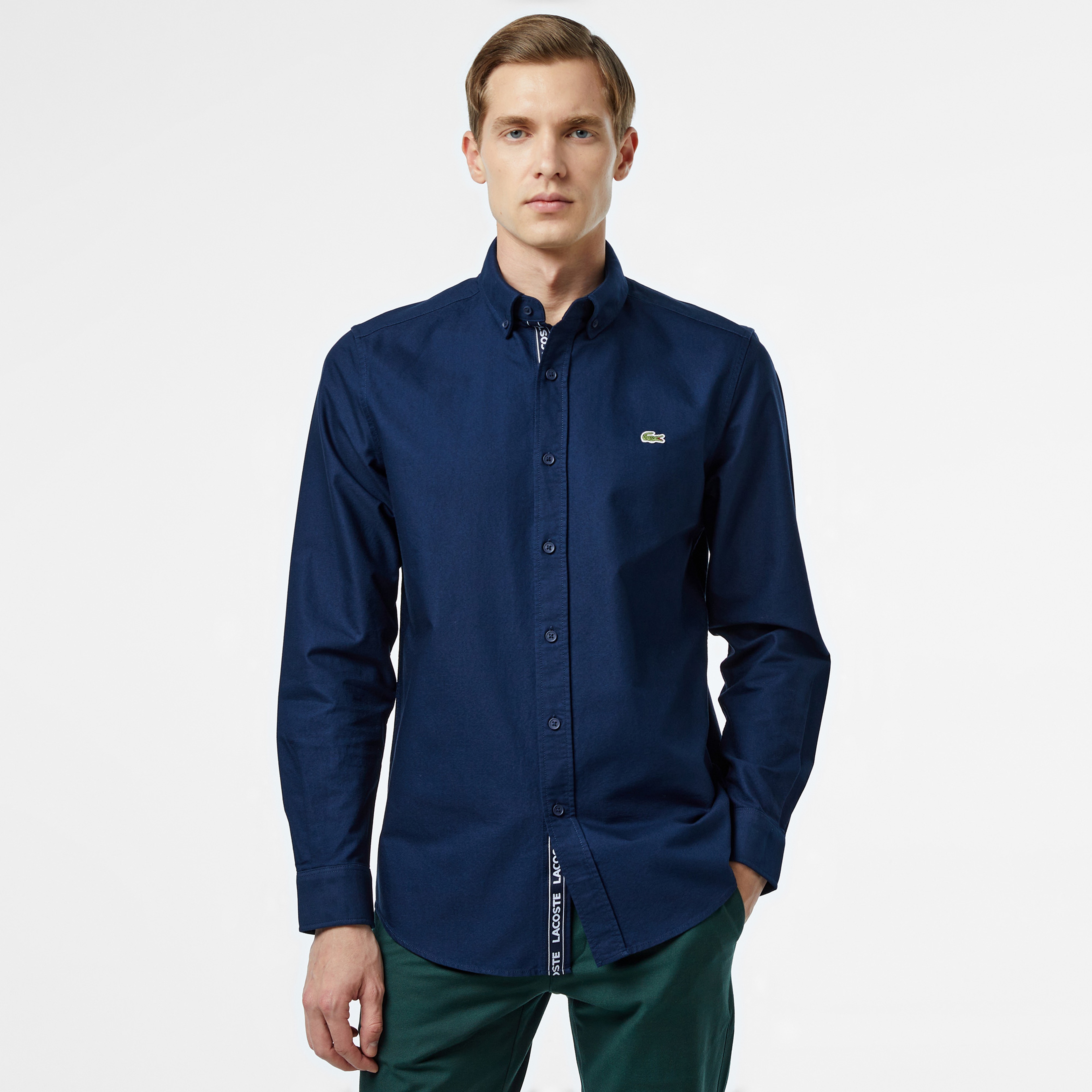 Erkek Slim Fit Düğmeli Yaka Lacivert Gömlek