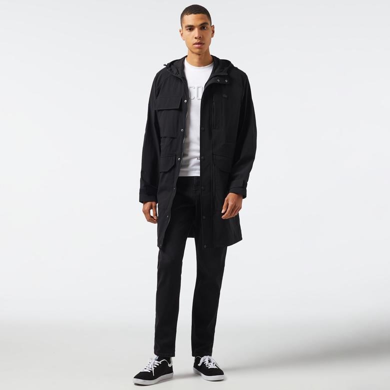 Erkek Relaxed Fit Kapüşonlu Baskılı Koyu Siyah Yağmurluk