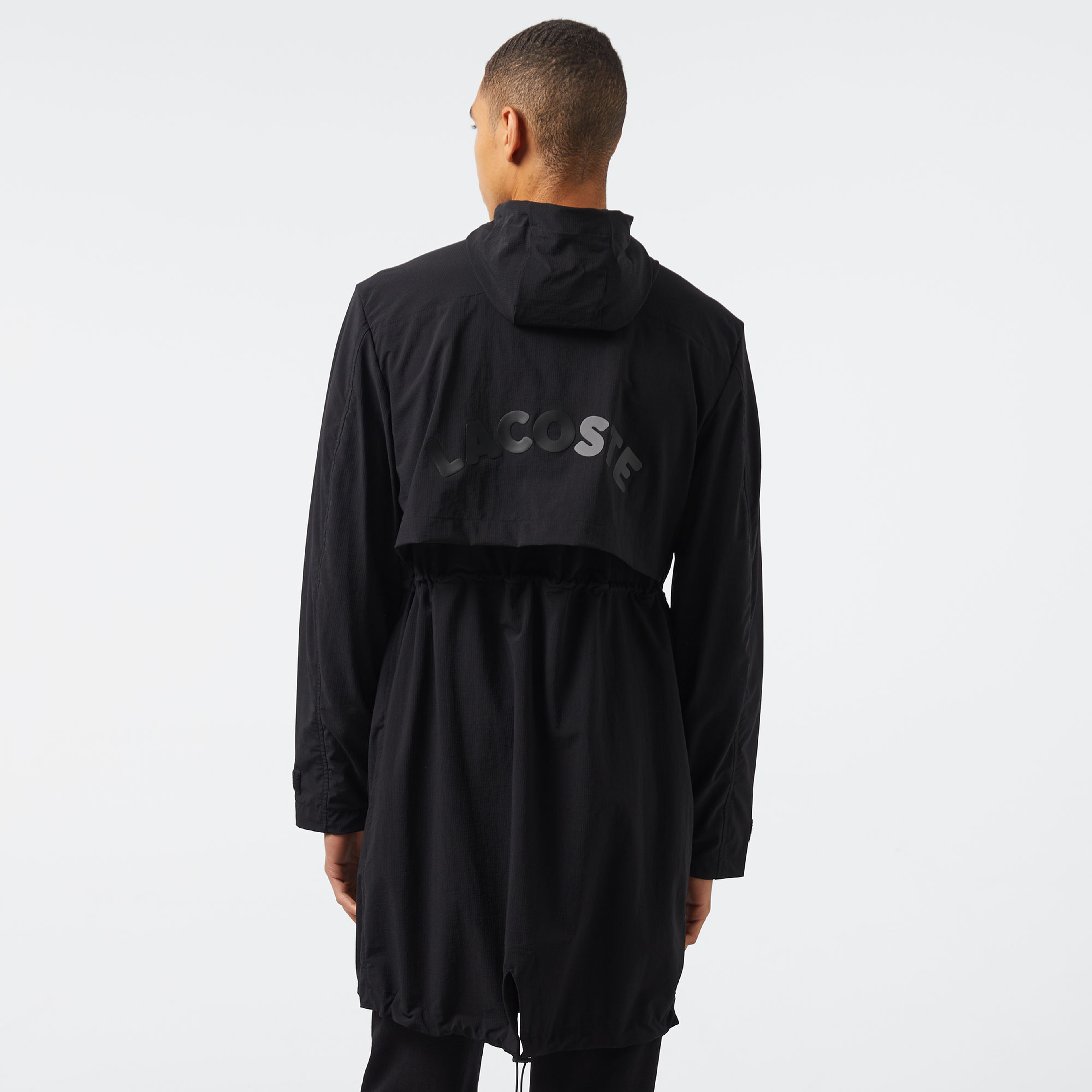 Erkek Relaxed Fit Kapüşonlu Baskılı Koyu Siyah Yağmurluk