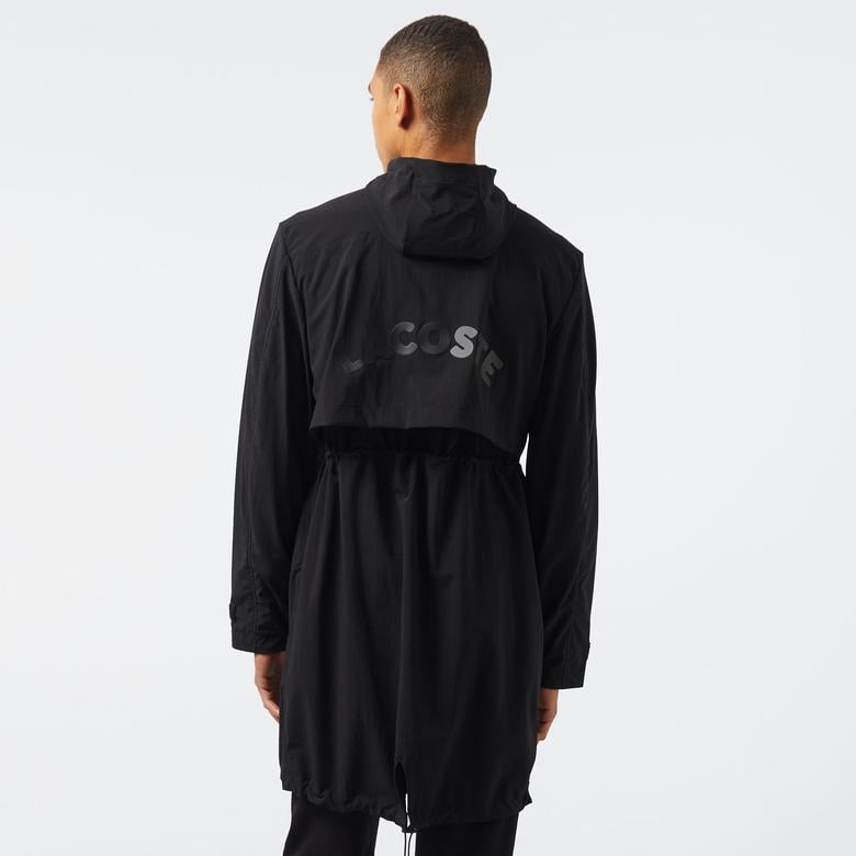 Erkek Relaxed Fit Kapüşonlu Baskılı Koyu Siyah Yağmurluk