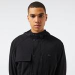 Erkek Relaxed Fit Kapüşonlu Baskılı Koyu Siyah Yağmurluk