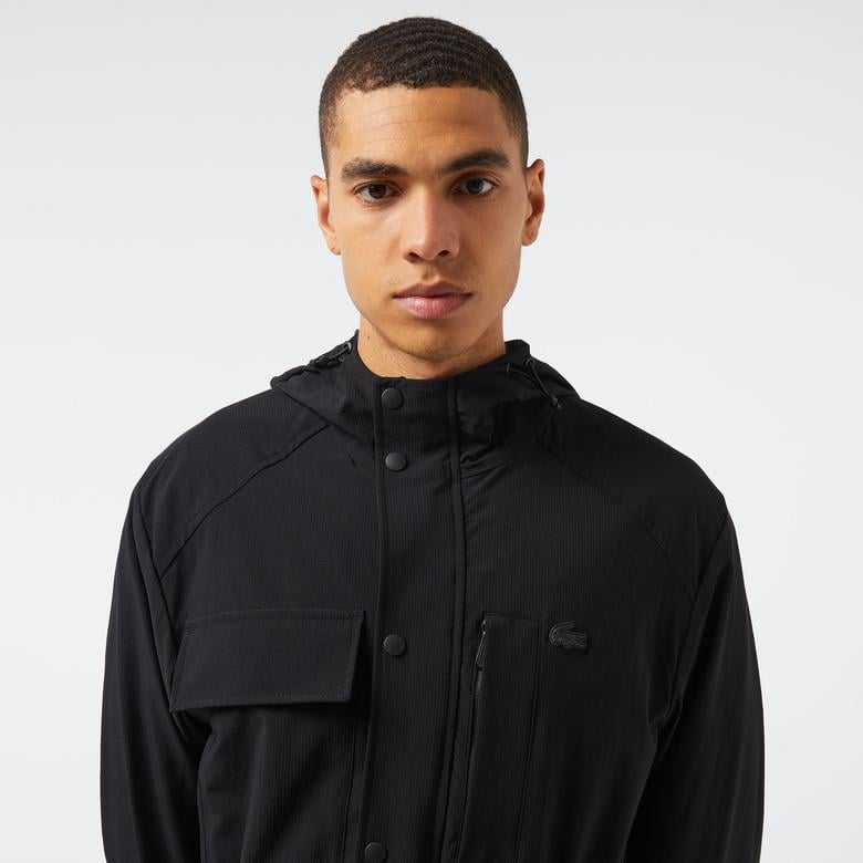 Erkek Relaxed Fit Kapüşonlu Baskılı Koyu Siyah Yağmurluk