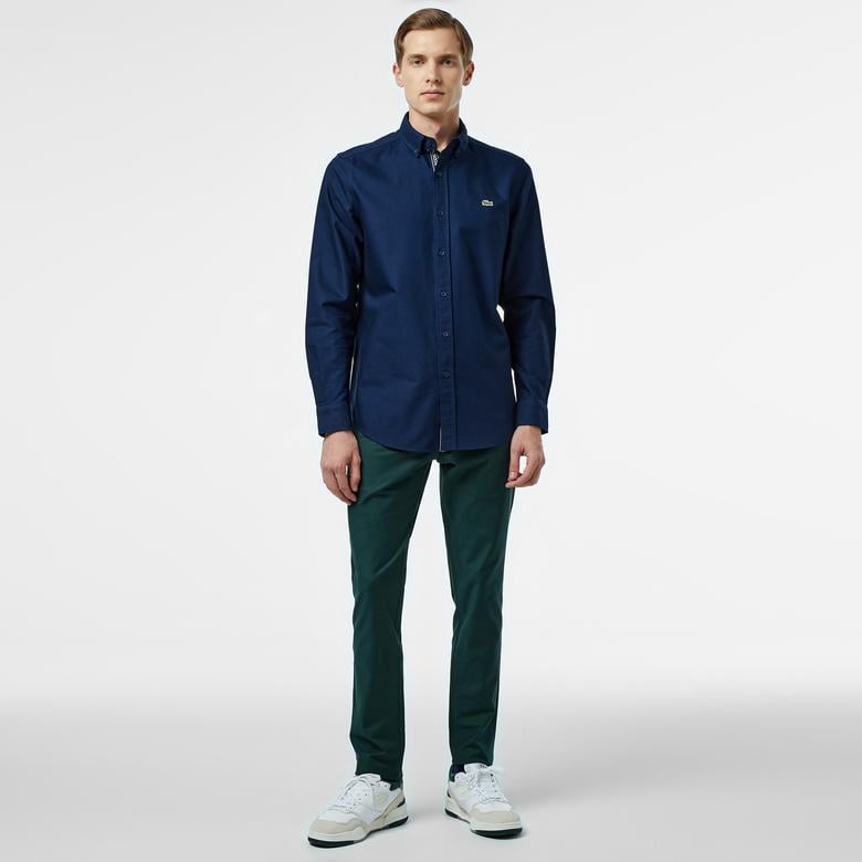 Erkek Slim Fit Düğmeli Yaka Lacivert Gömlek