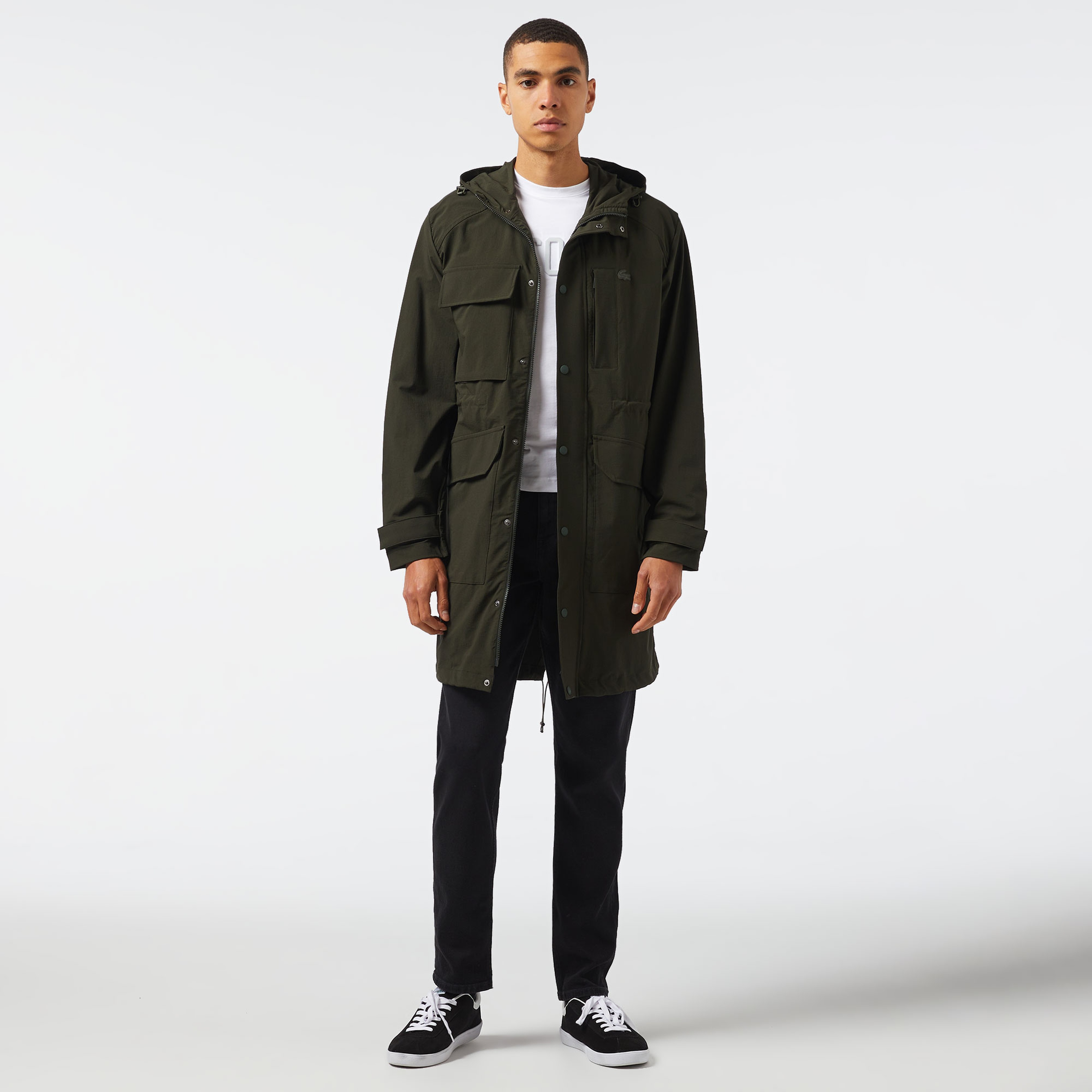 Erkek Relaxed Fit Kapüşonlu Baskılı Koyu Yeşil Yağmurluk