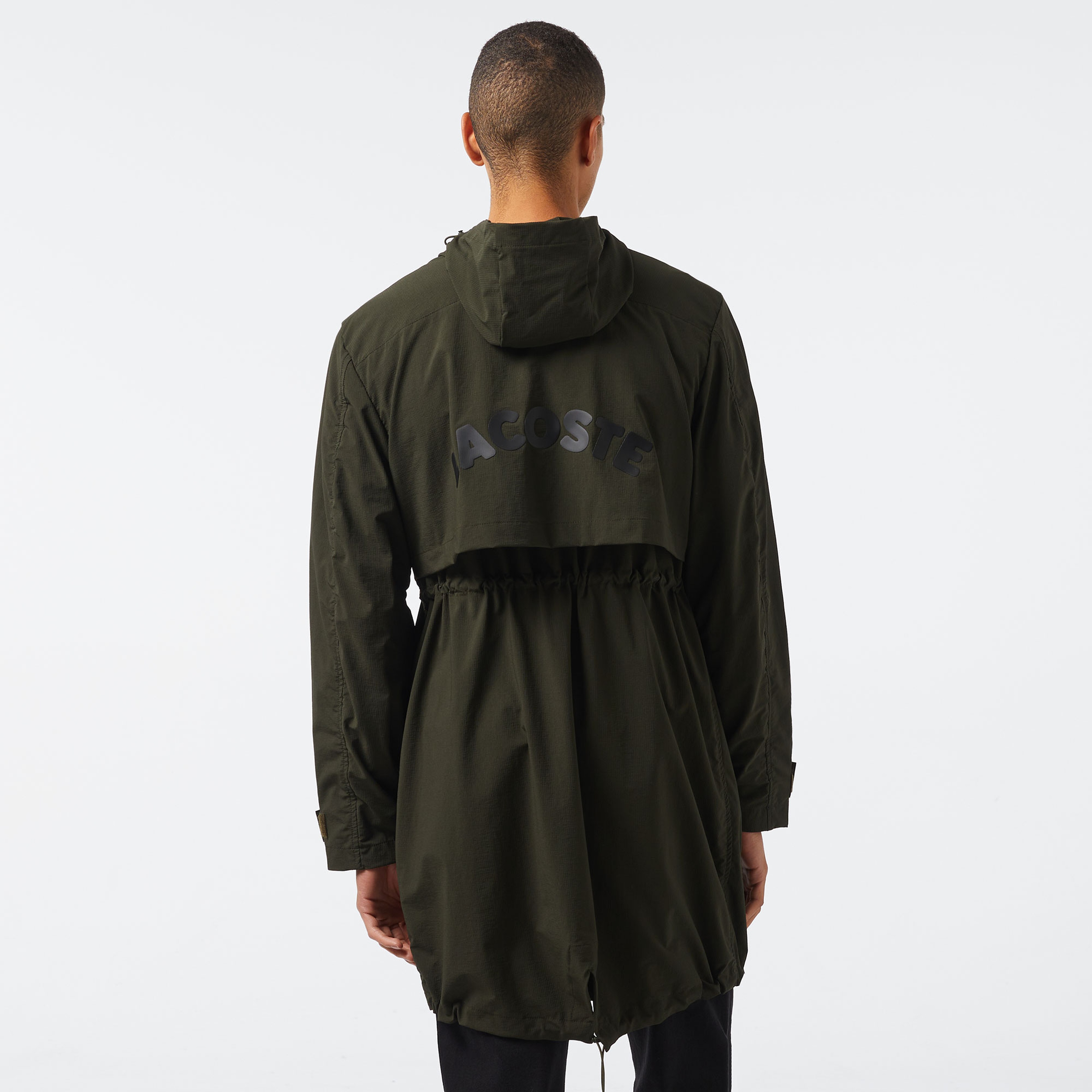 Erkek Relaxed Fit Kapüşonlu Baskılı Koyu Yeşil Yağmurluk