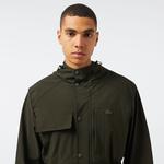 Erkek Relaxed Fit Kapüşonlu Baskılı Koyu Yeşil Yağmurluk