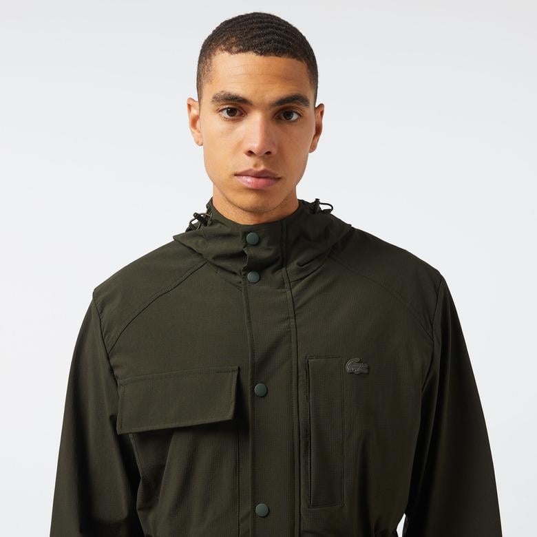 Erkek Relaxed Fit Kapüşonlu Baskılı Koyu Yeşil Yağmurluk