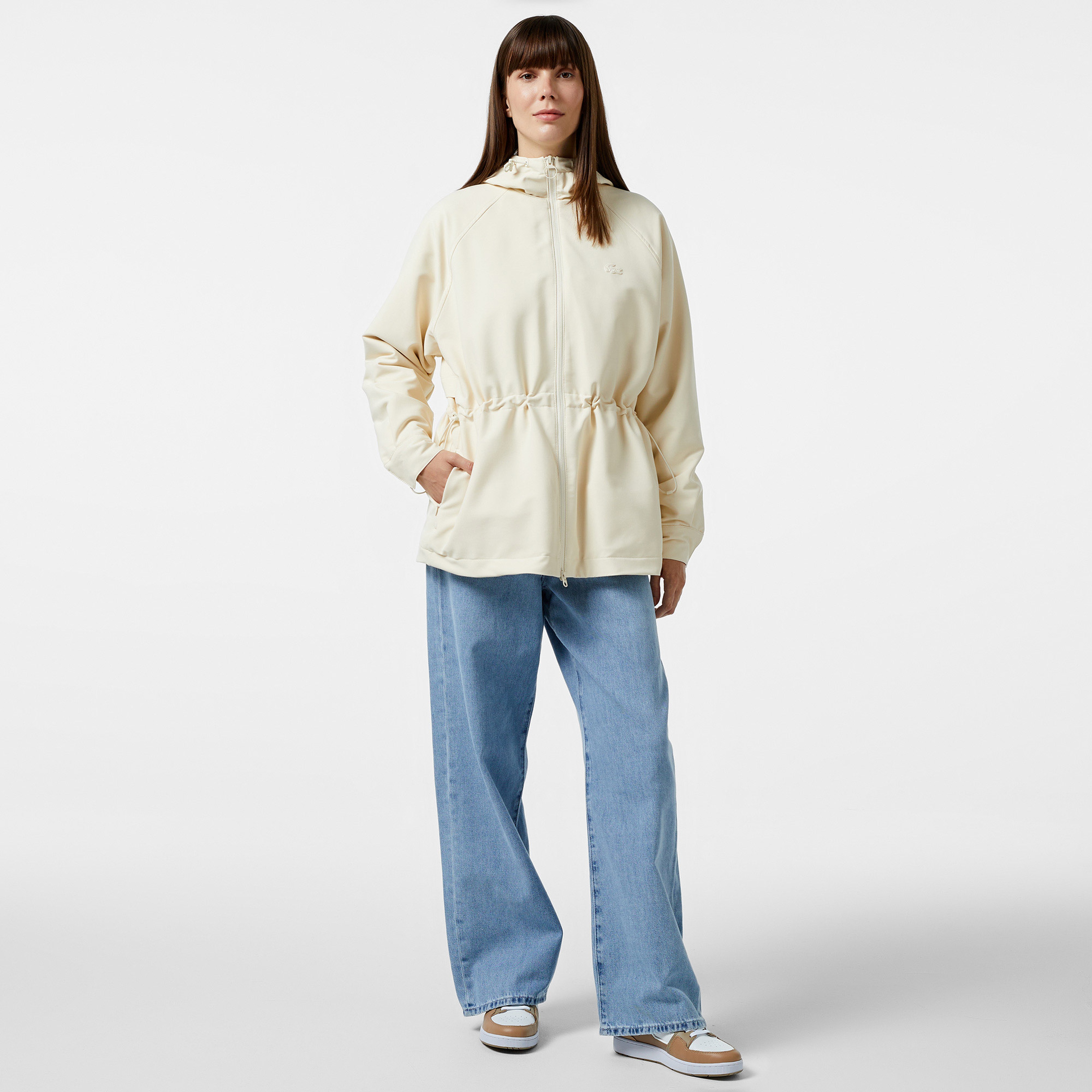 Kadın Relaxed Fit Kapüşonlu Krem Yağmurluk