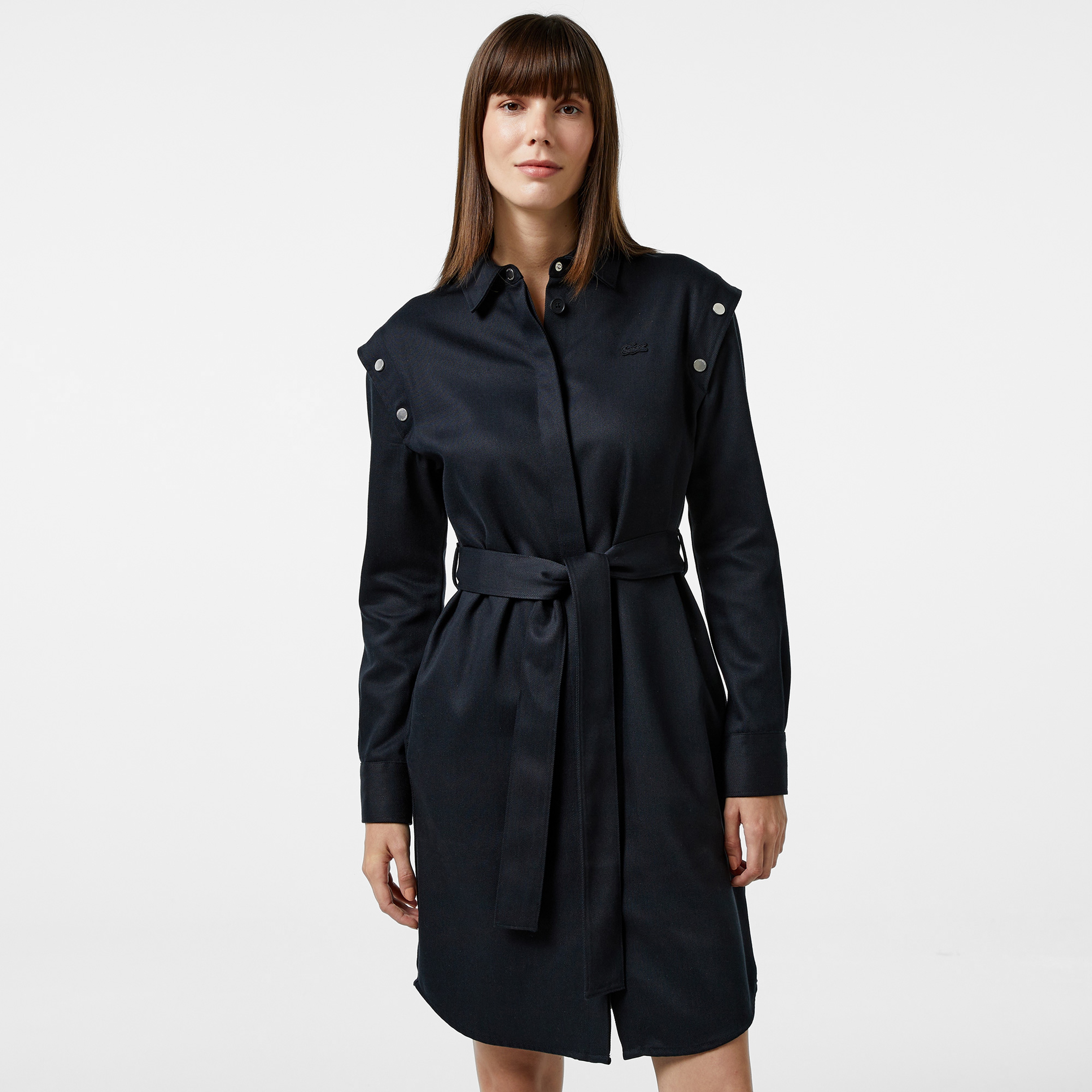 Kadın Relaxed Fit Uzun Kollu Gömlek Yaka Siyah Elbise