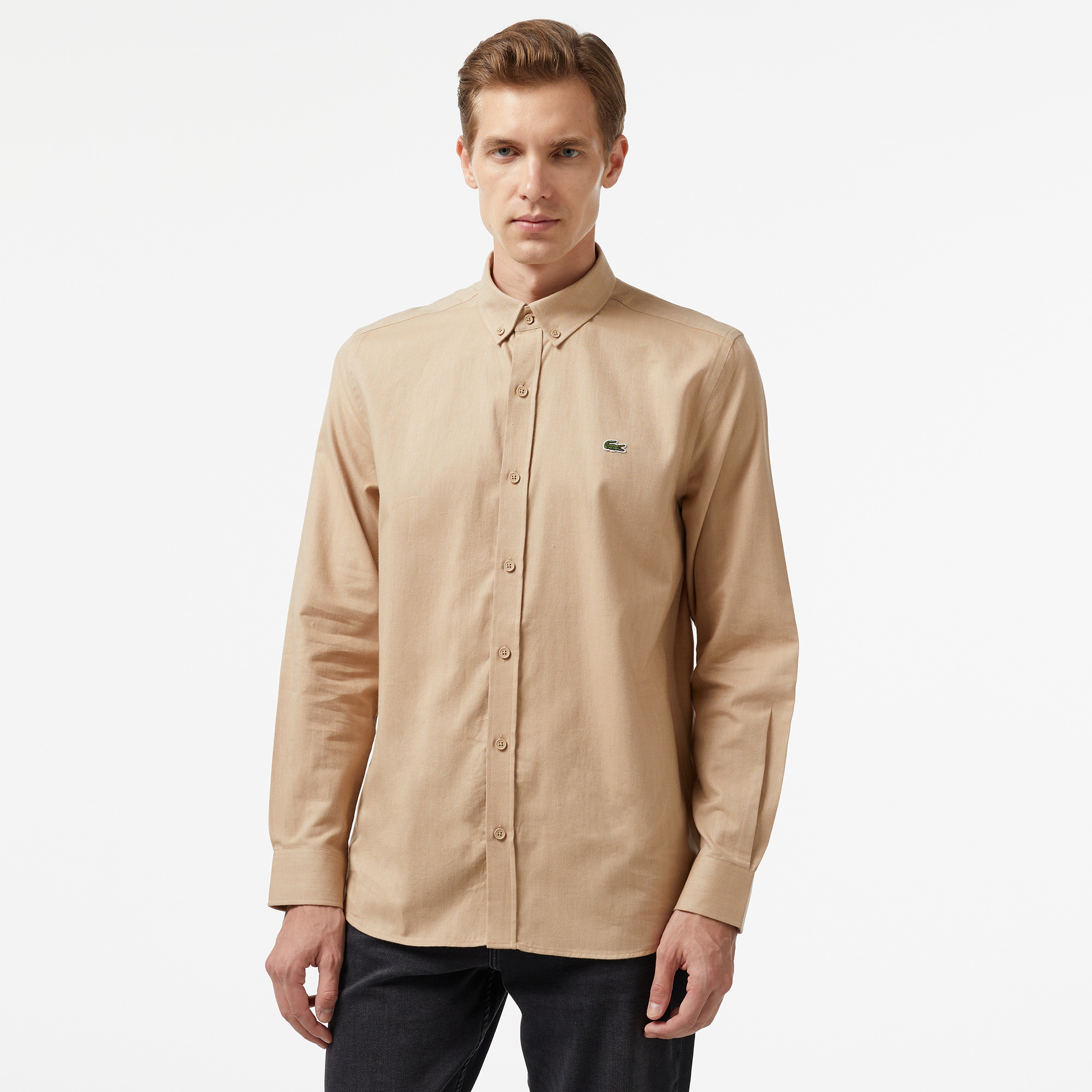 Erkek Slim Fit Düğmeli Yaka Kahverengi Gömlek