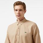 Erkek Slim Fit Düğmeli Yaka Kahverengi Gömlek