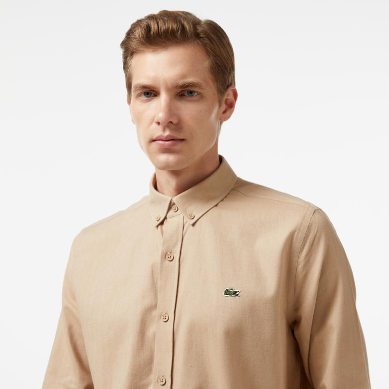 Erkek Slim Fit Düğmeli Yaka Kahverengi Gömlek