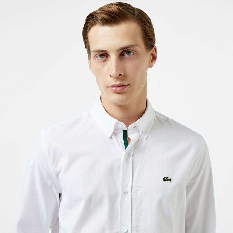 Erkek Slim Fit Düğmeli Yaka Beyaz Gömlek