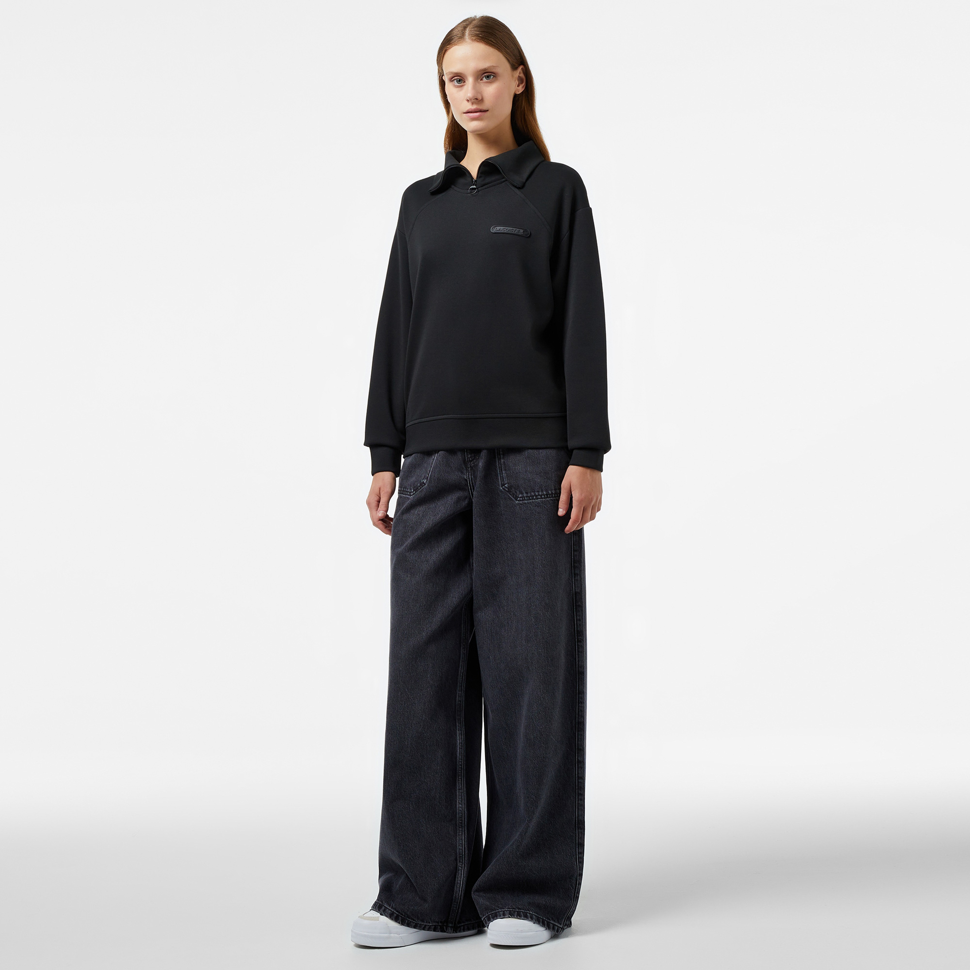 Kadın Regular Fit Fermuarlı Dik Yaka Siyah Sweatshirt