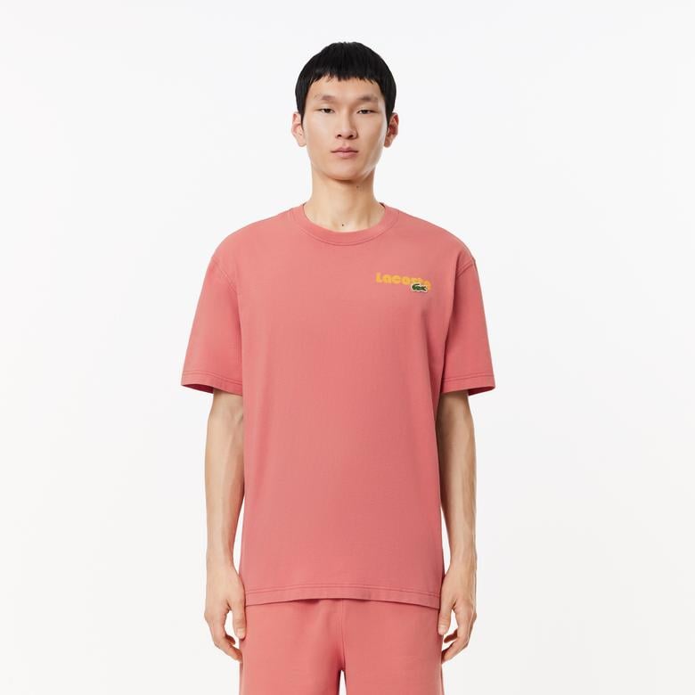 Erkek Classic Fit Bisiklet Yaka Baskılı Pembe T-Shirt