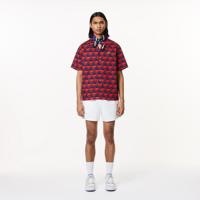 Erkek Relaxed Fit Kısa Kollu Monogram Bordo Gömlek