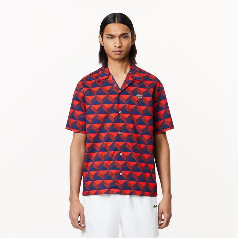 Erkek Relaxed Fit Kısa Kollu Monogram Bordo Gömlek
