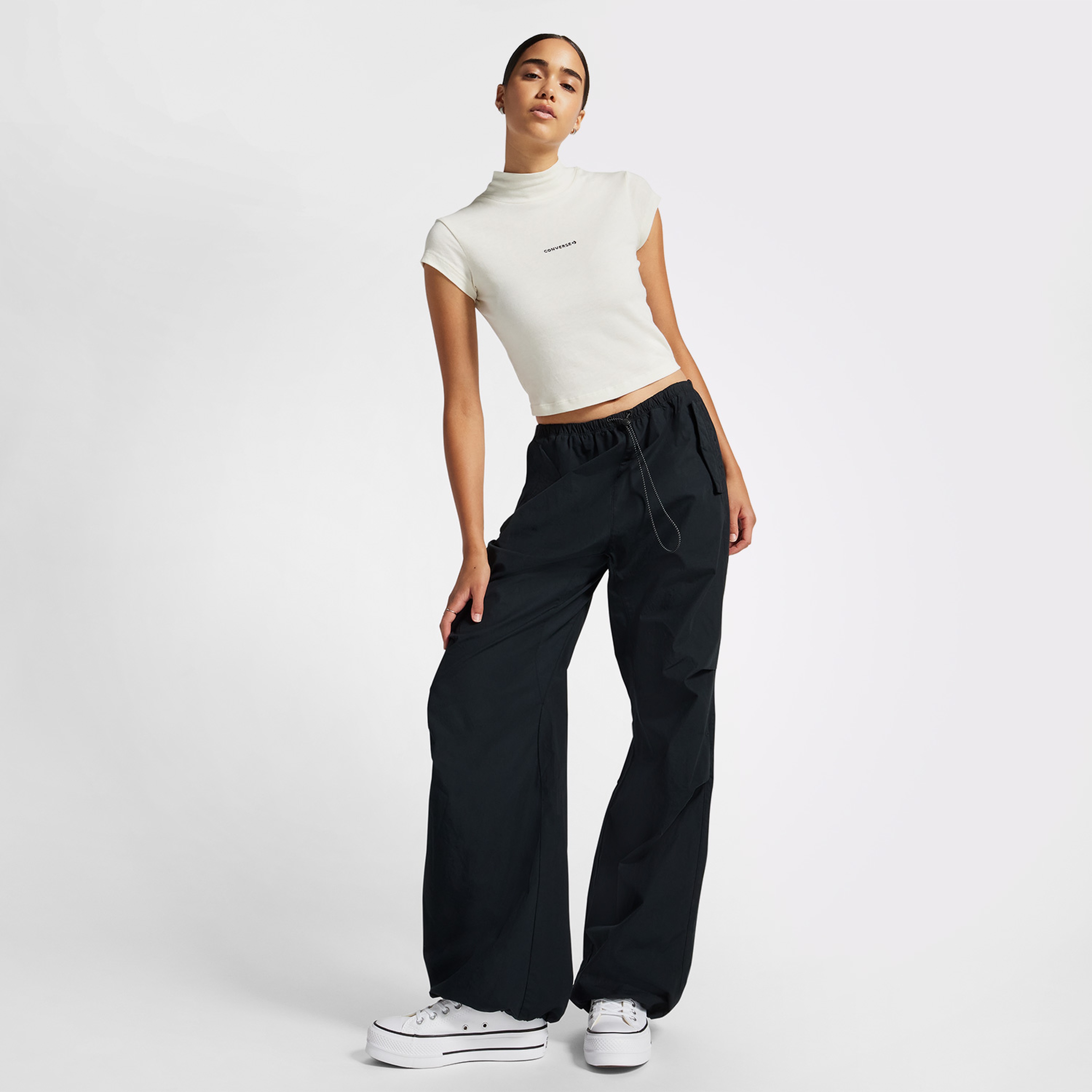 Converse Wordmark Short Sleeve Top Kadın Krem Crop T-Shirt