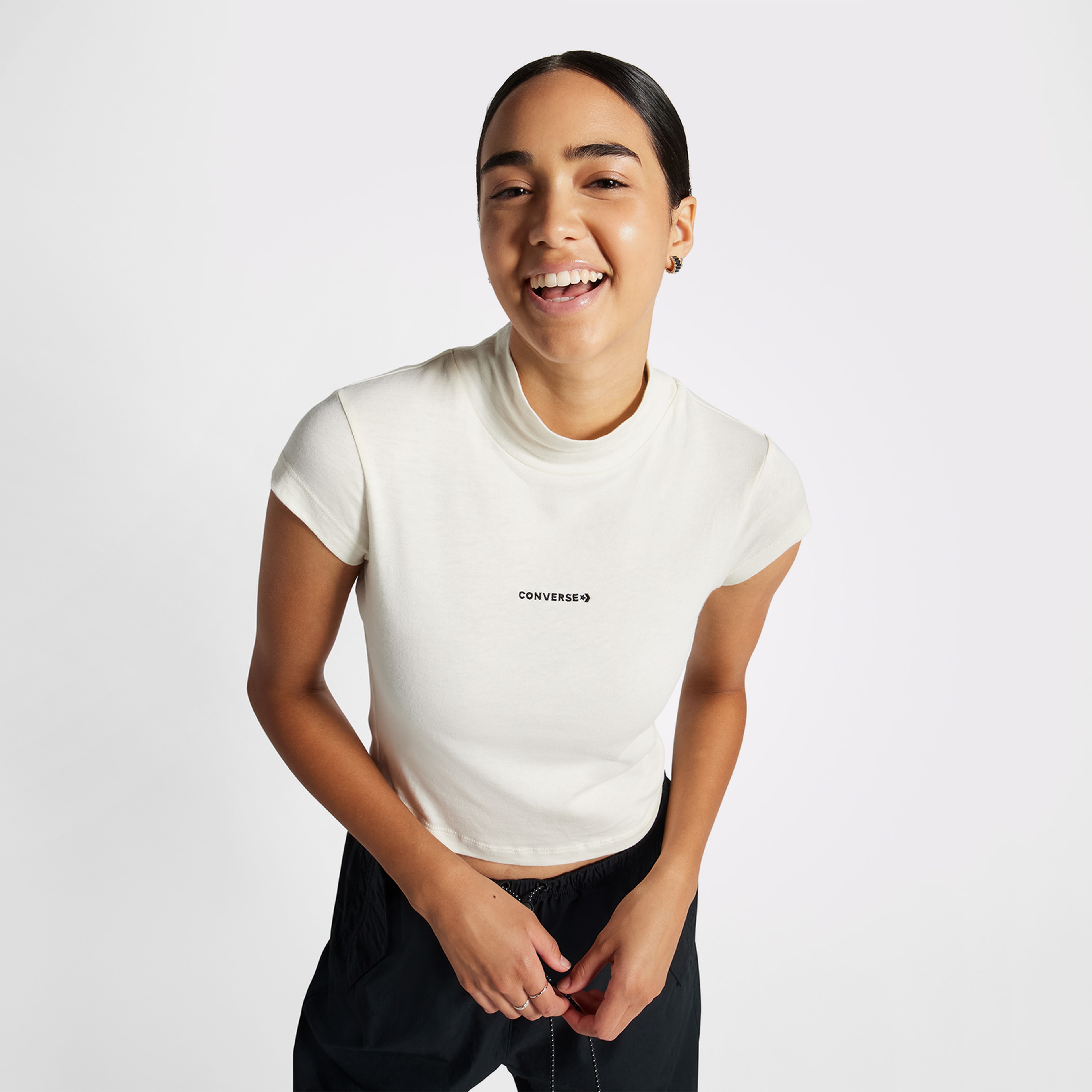 Converse Wordmark Short Sleeve Top Kadın Krem Crop T-Shirt