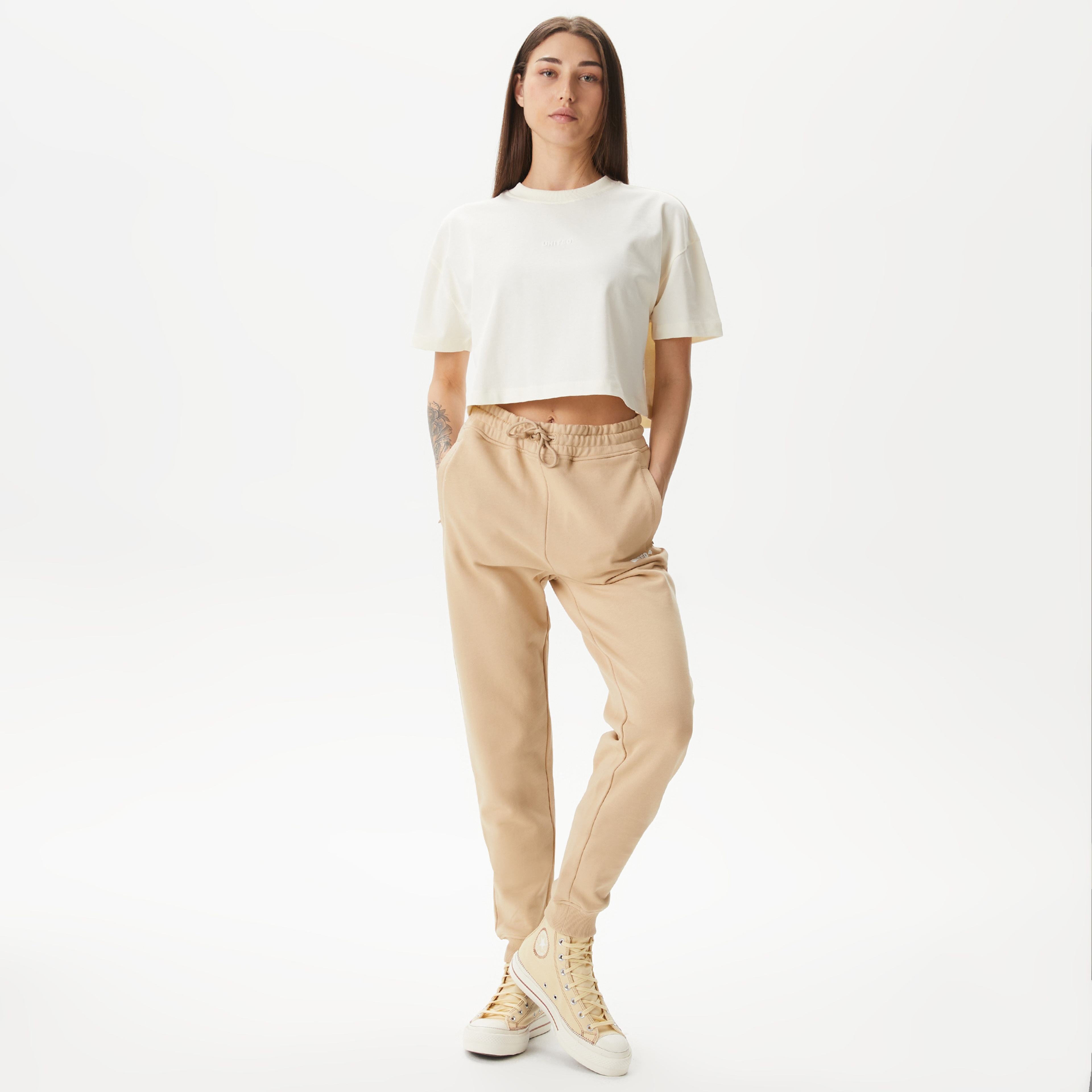 UNITED4 Kadın Krem Crop T-Shirt