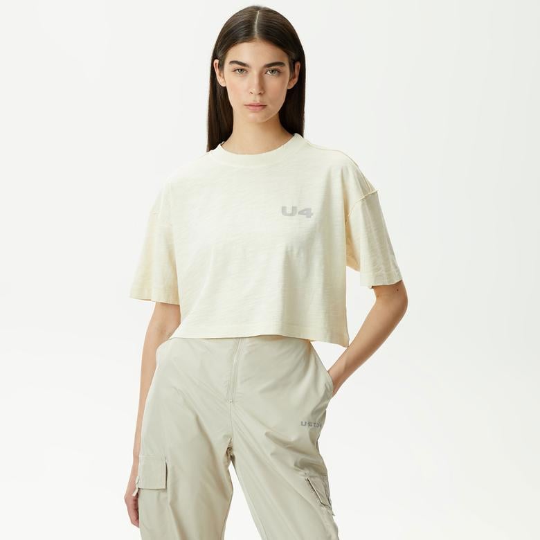 UNITED4 Kadın Krem Crop T-Shirt