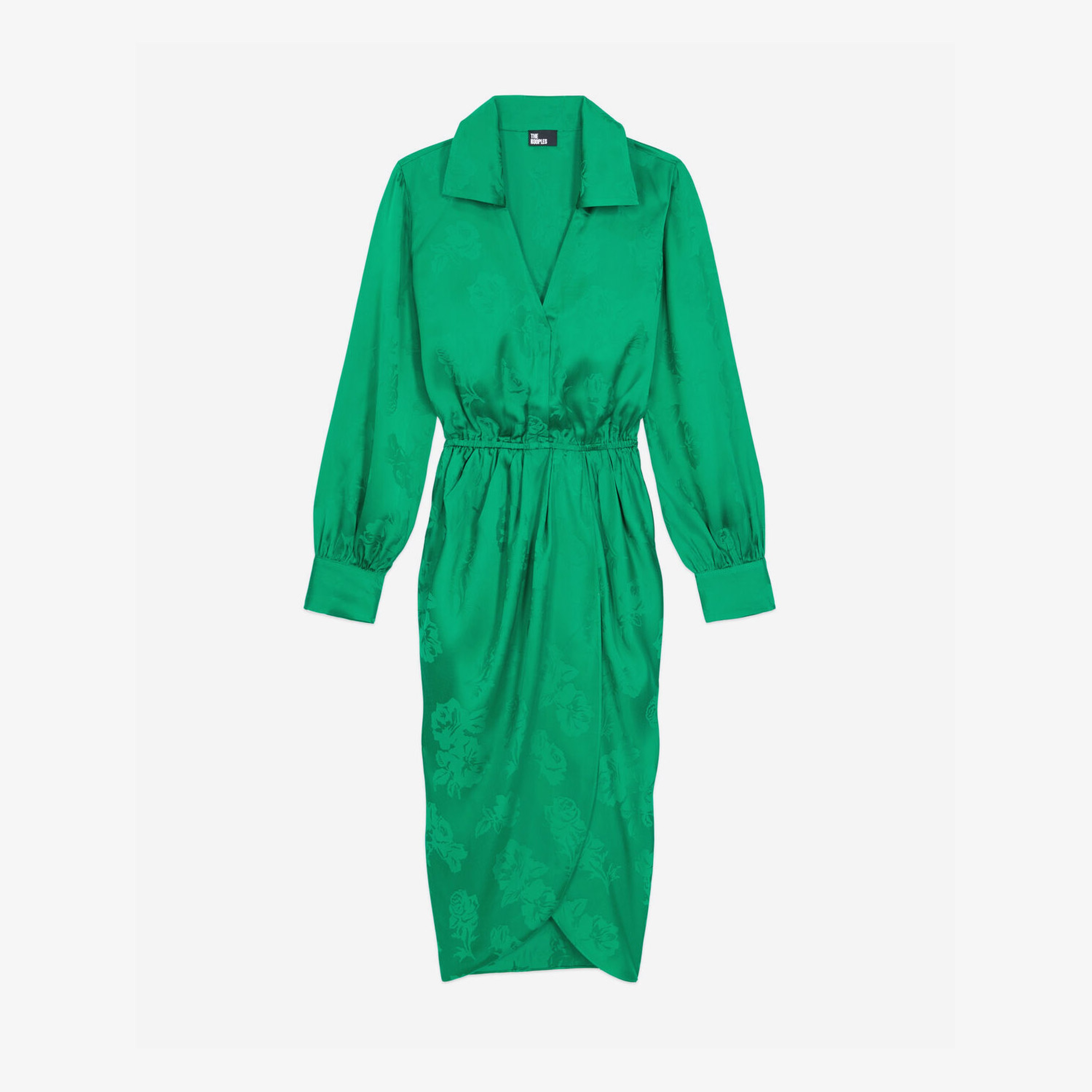 KADIN V YAKA UZUN KOLLU BASKILI YEŞİL ELBİSE