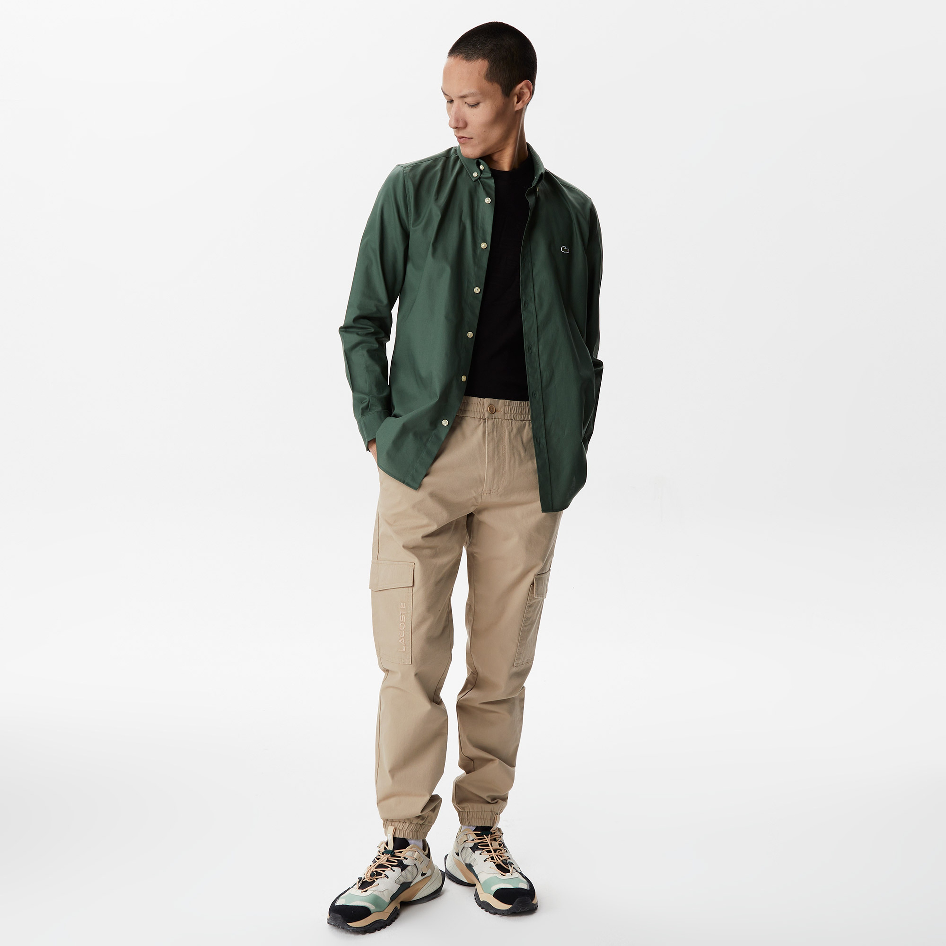 Erkek Slim Fit Düğmeli Yaka Haki Gömlek