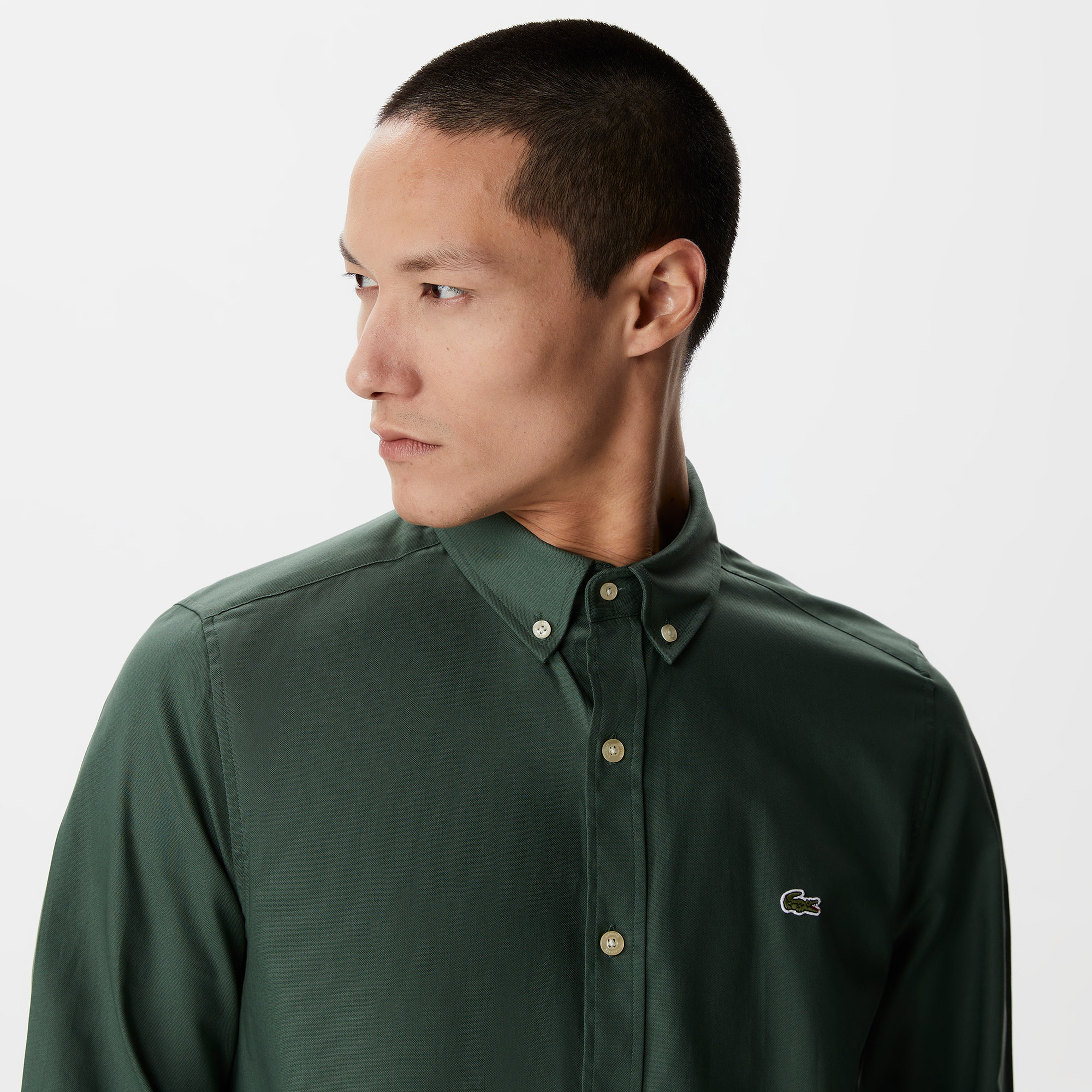 Erkek Slim Fit Düğmeli Yaka Haki Gömlek