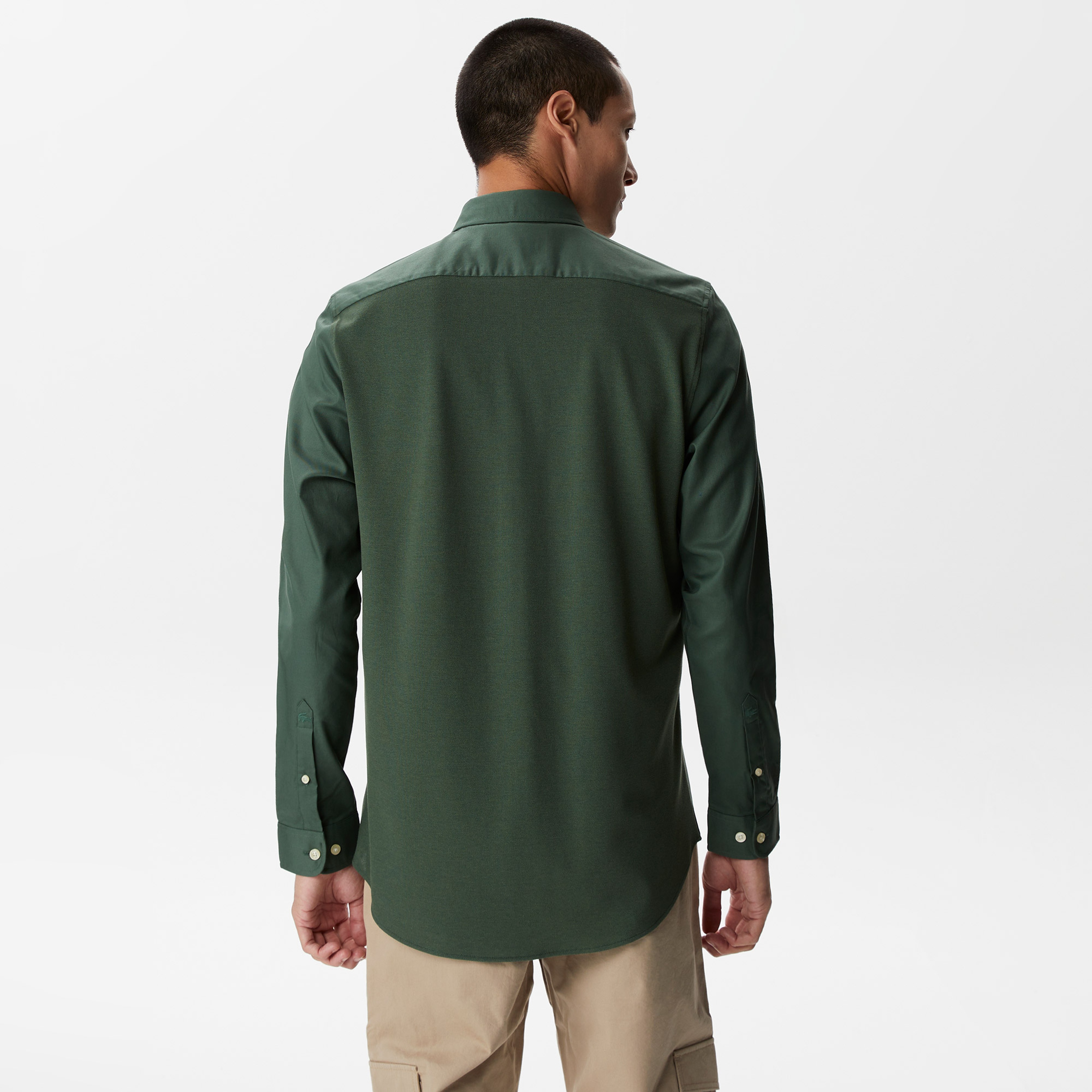 Erkek Slim Fit Düğmeli Yaka Haki Gömlek