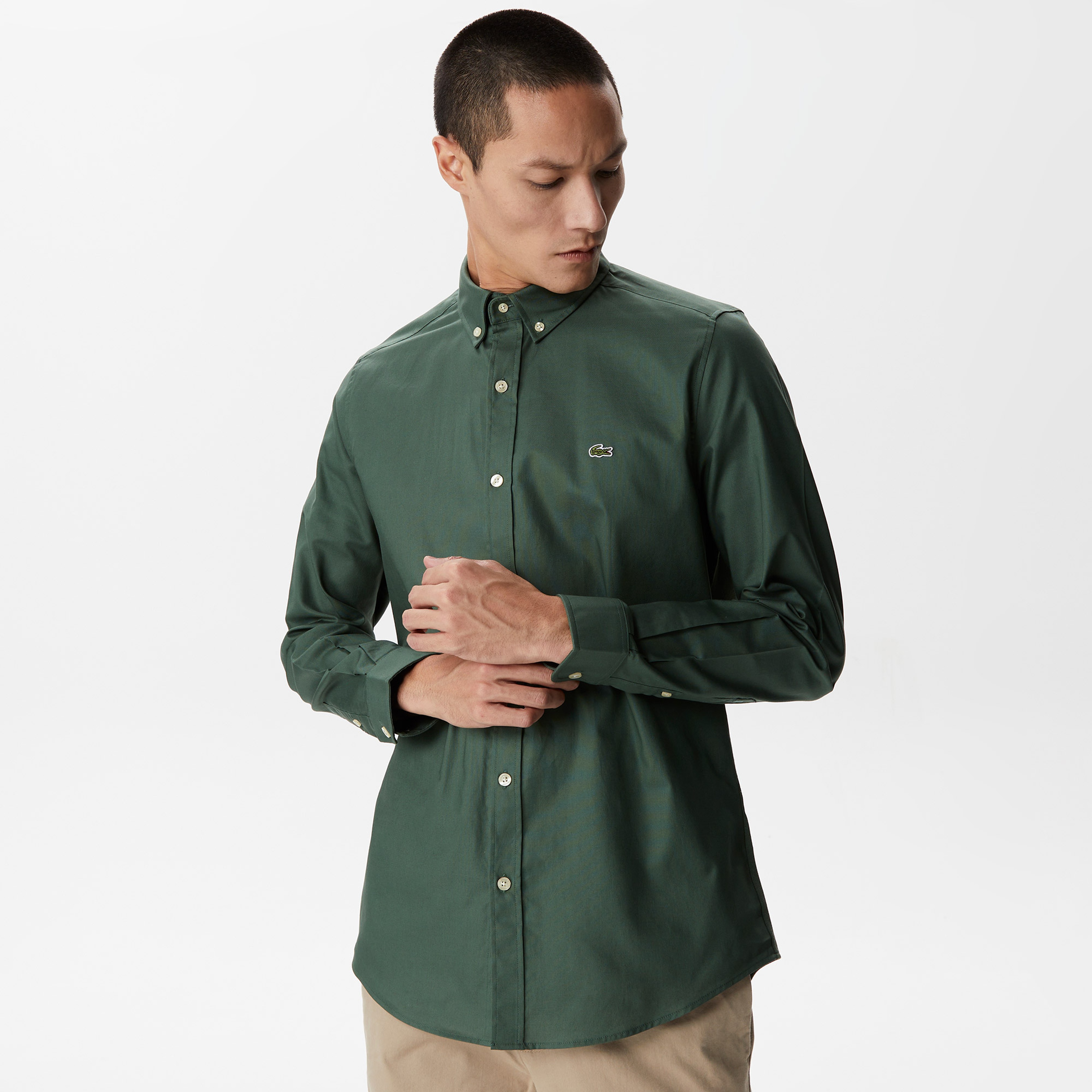 Erkek Slim Fit Düğmeli Yaka Haki Gömlek
