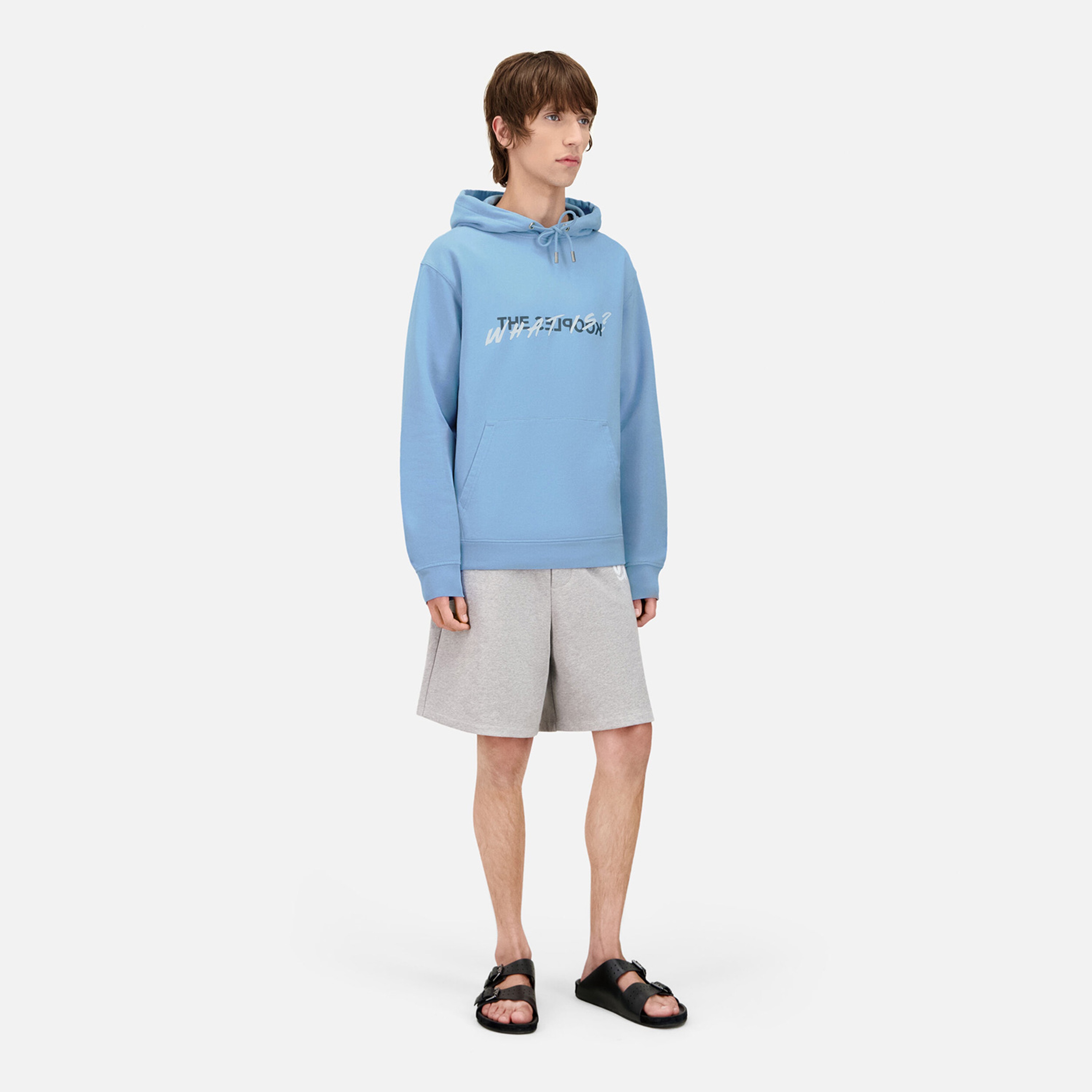 ERKEK BASKILI KAPÜŞONLU MAVİ SWEATSHIRT