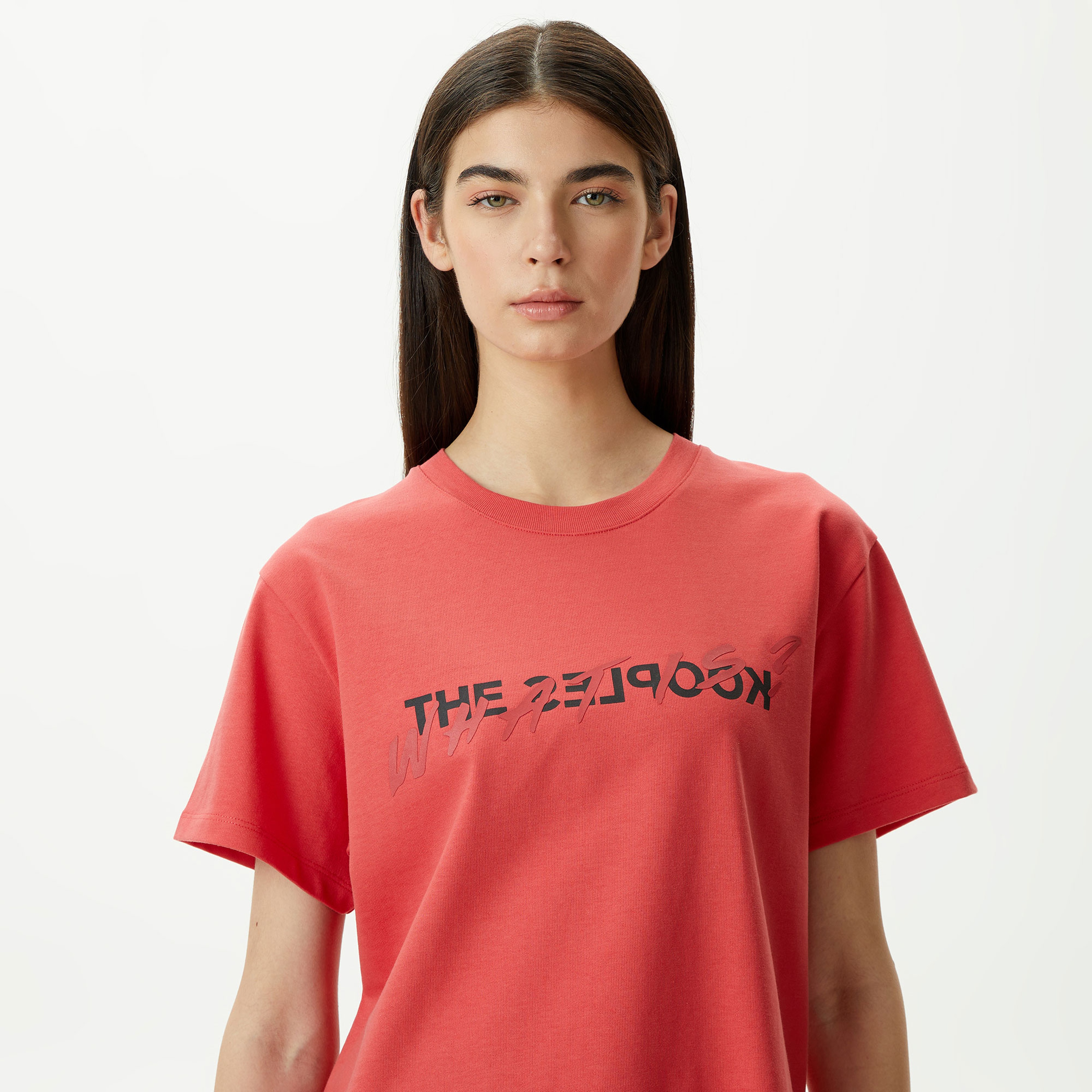 KADIN BASKILI BİSİKLET YAKA KIRMIZI T-SHIRT