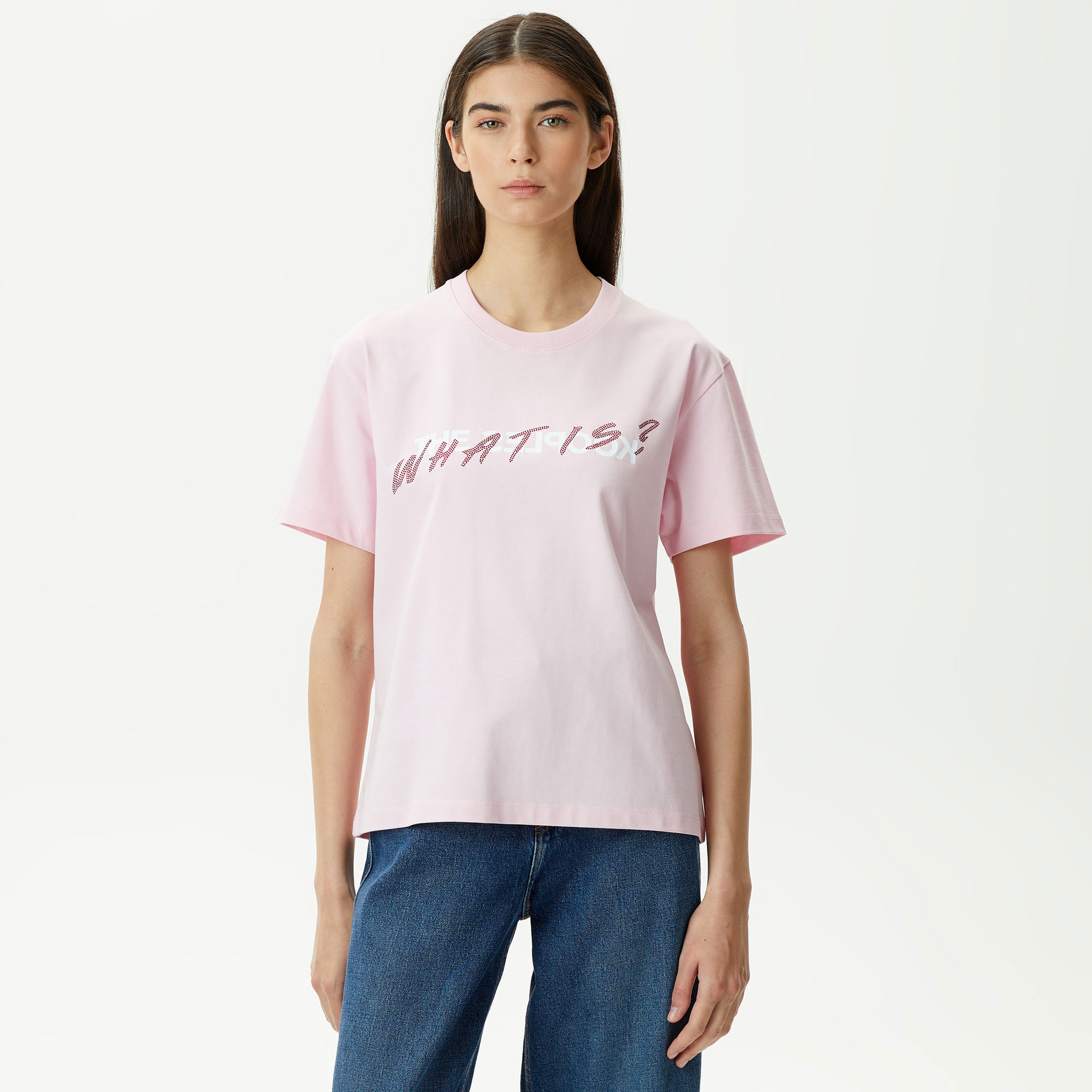 KADIN BASKILI BİSİKLET YAKA PEMBE T-SHIRT