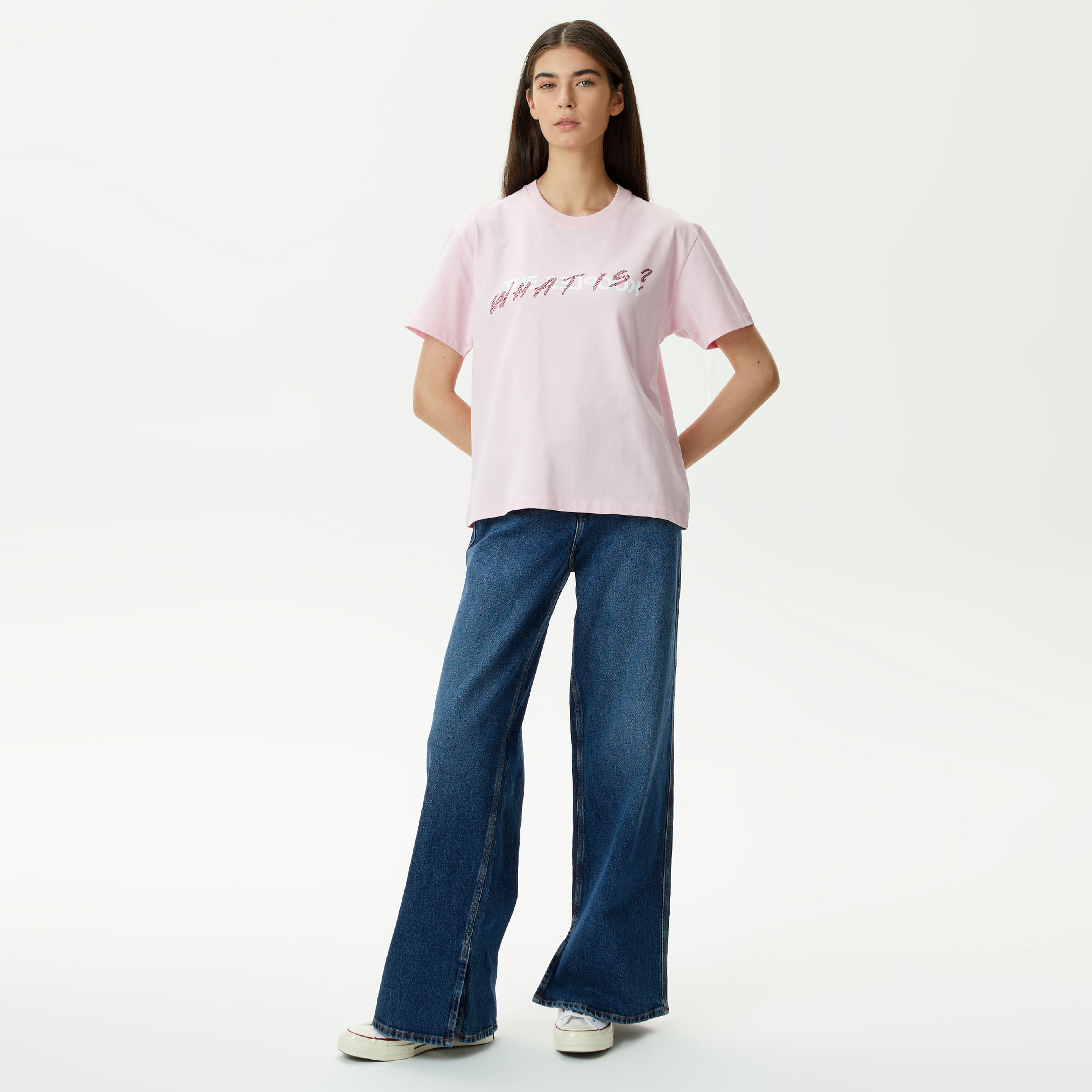 KADIN BASKILI BİSİKLET YAKA PEMBE T-SHIRT