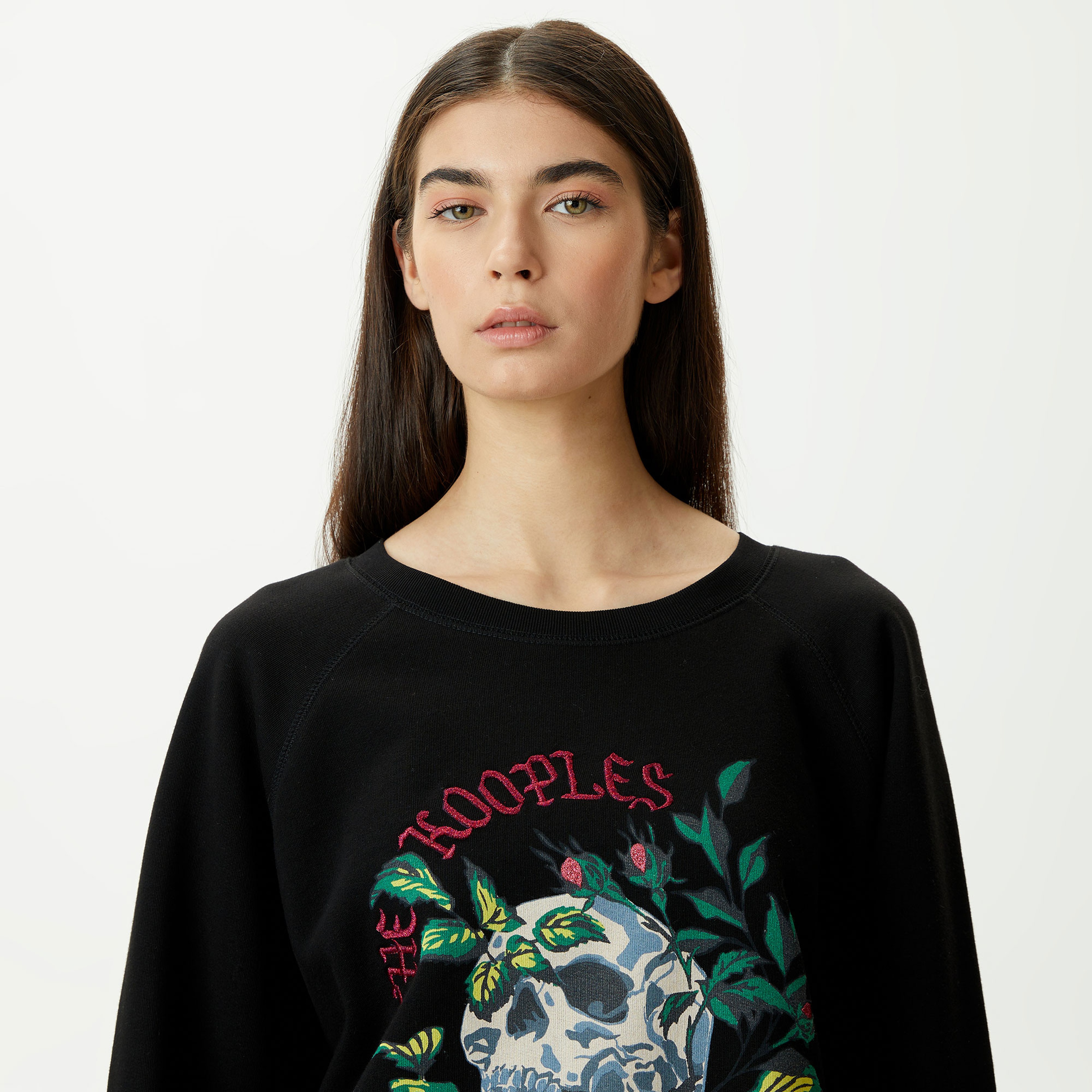 KADIN BASKILI BİSİKLET YAKA SİYAH SWEATSHIRT