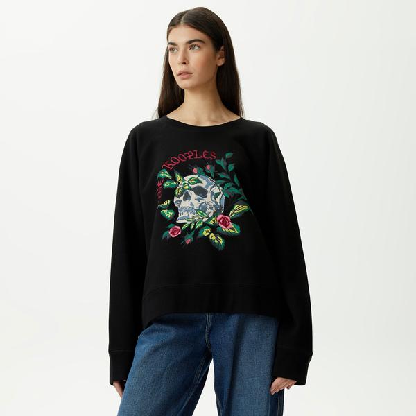 KADIN BASKILI BİSİKLET YAKA SİYAH SWEATSHIRT