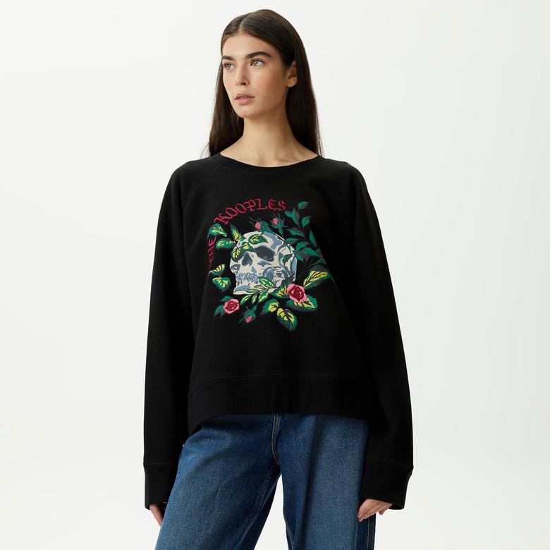 KADIN BASKILI BİSİKLET YAKA SİYAH SWEATSHIRT