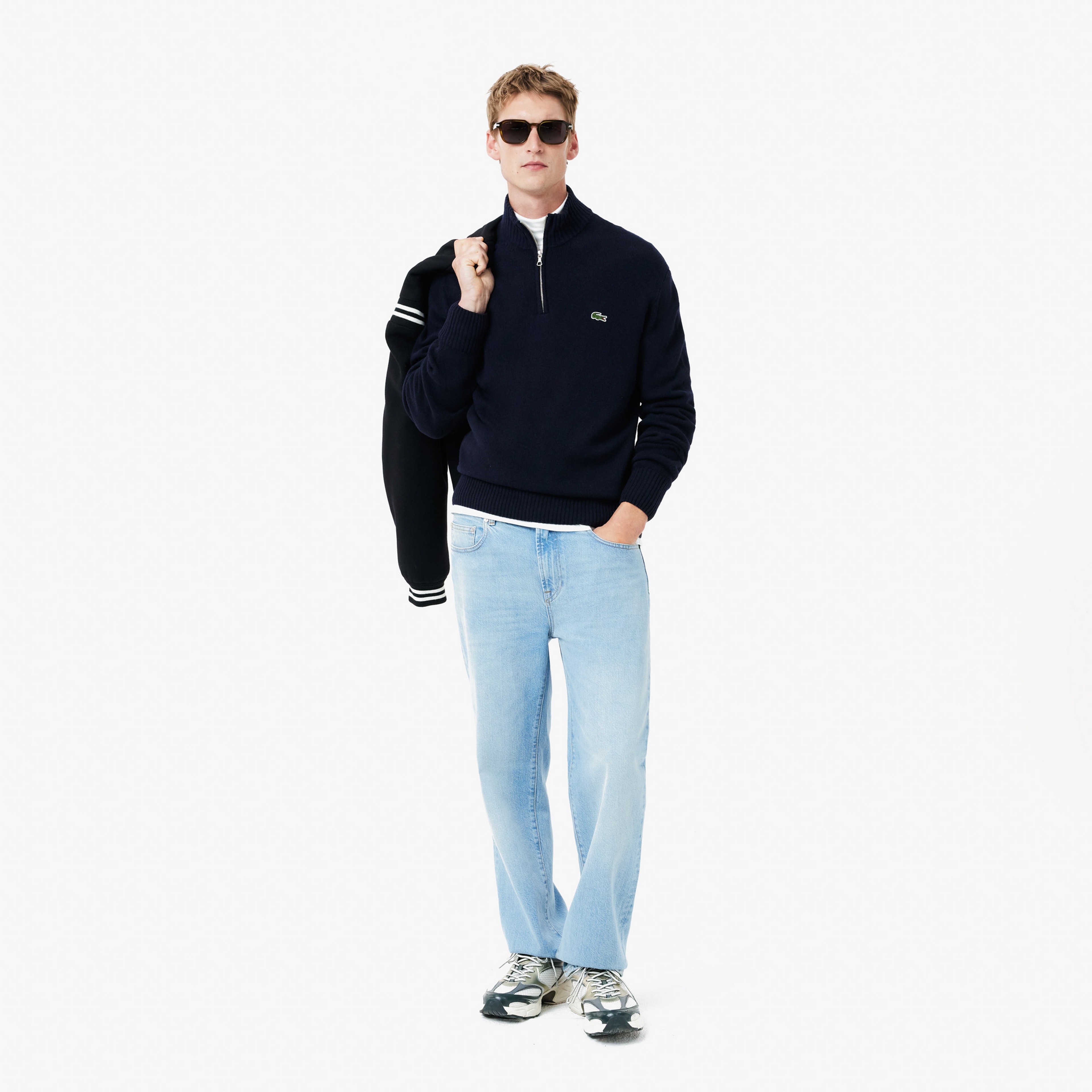 Erkek Classic Fit Yarım Fermuarlı Yün Lacivert Kazak