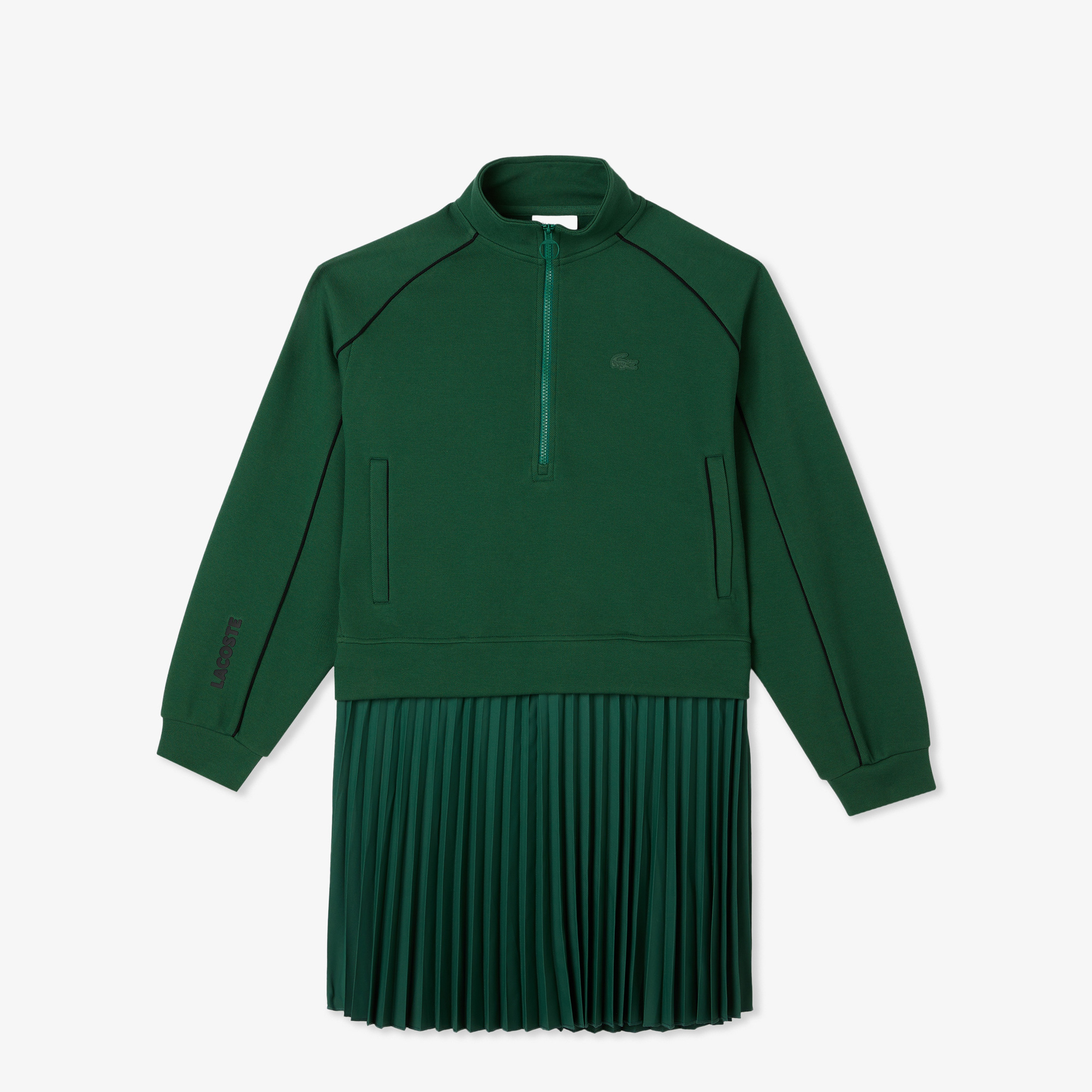 Kadın Flare Fit Uzun Kollu Yarım Fermuarlı Yaka Koyu Yeşil Elbise