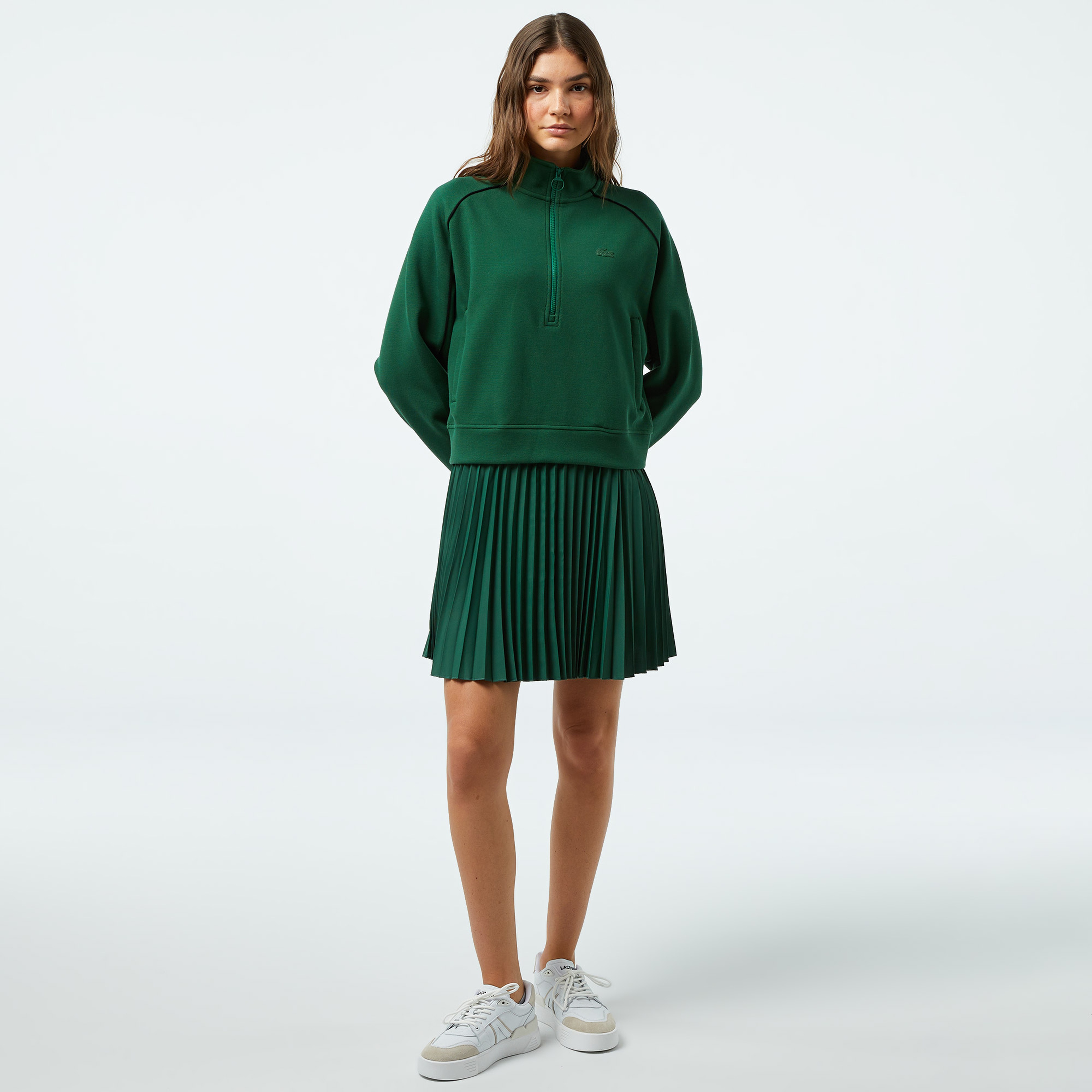 Kadın Flare Fit Uzun Kollu Yarım Fermuarlı Yaka Koyu Yeşil Elbise