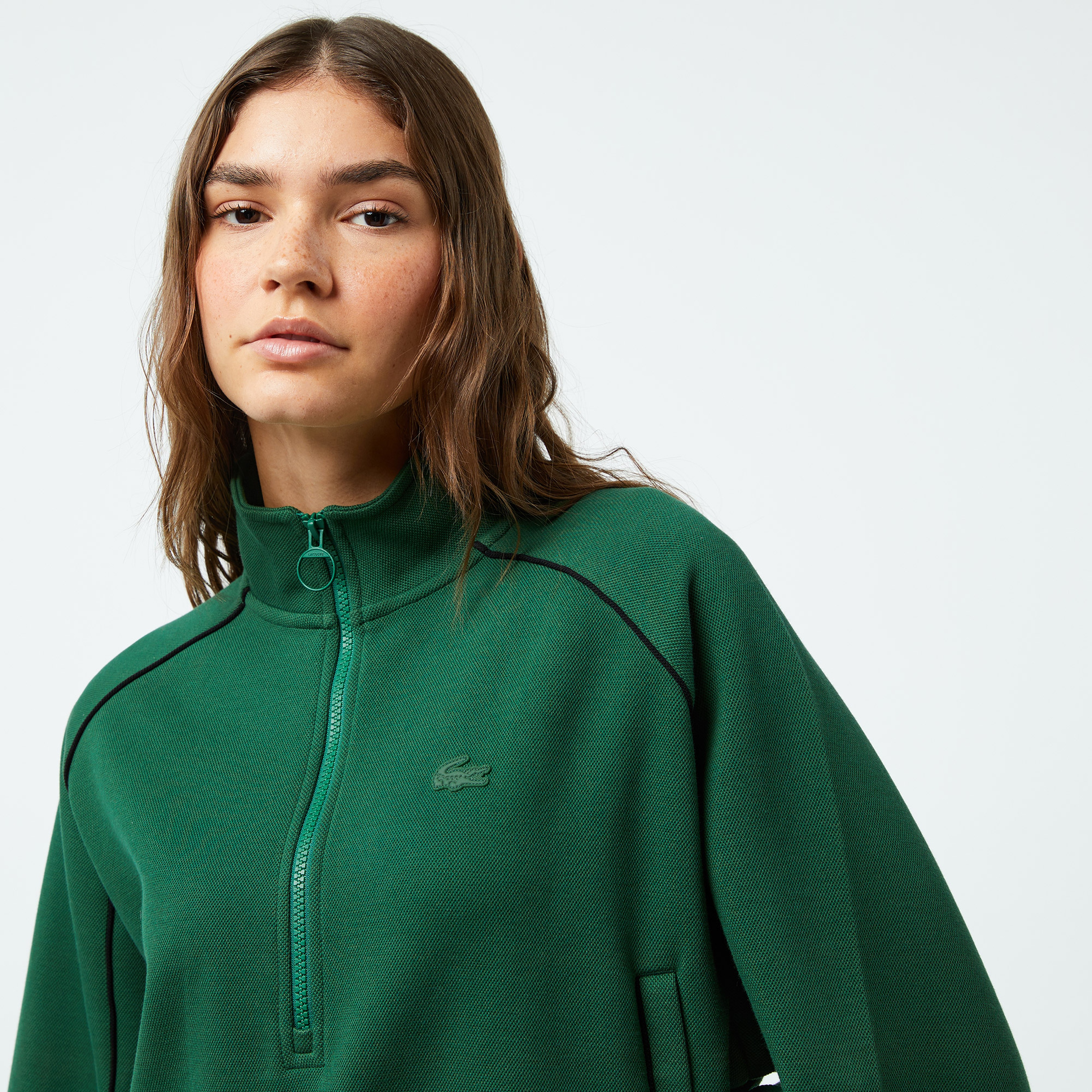 Kadın Flare Fit Uzun Kollu Yarım Fermuarlı Yaka Koyu Yeşil Elbise