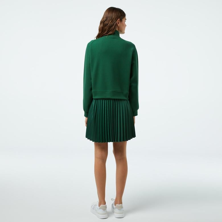 Kadın Flare Fit Uzun Kollu Yarım Fermuarlı Yaka Koyu Yeşil Elbise