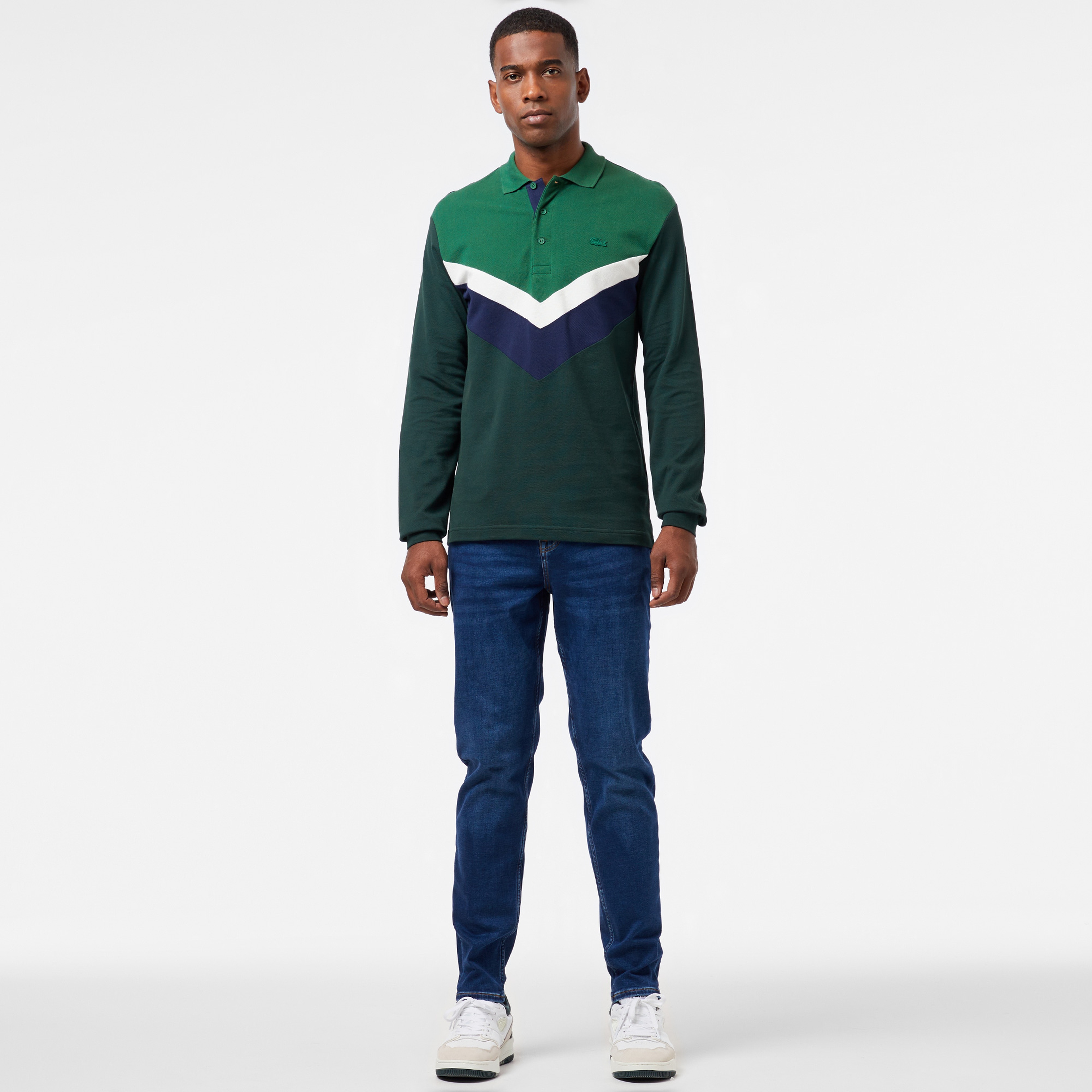 Erkek Classic Fit Uzun Kollu Renk Bloklu Yeşil Polo