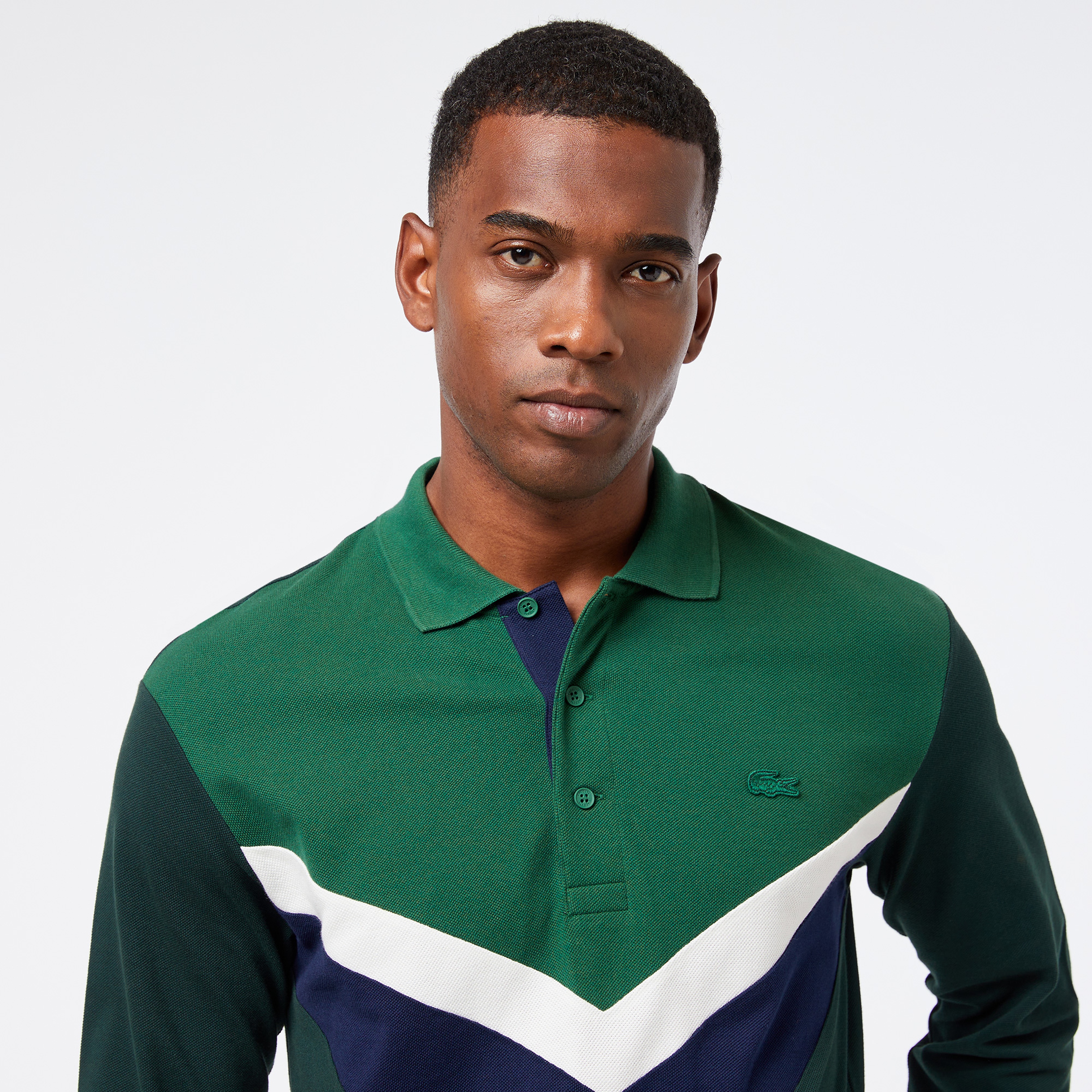 Erkek Classic Fit Uzun Kollu Renk Bloklu Yeşil Polo